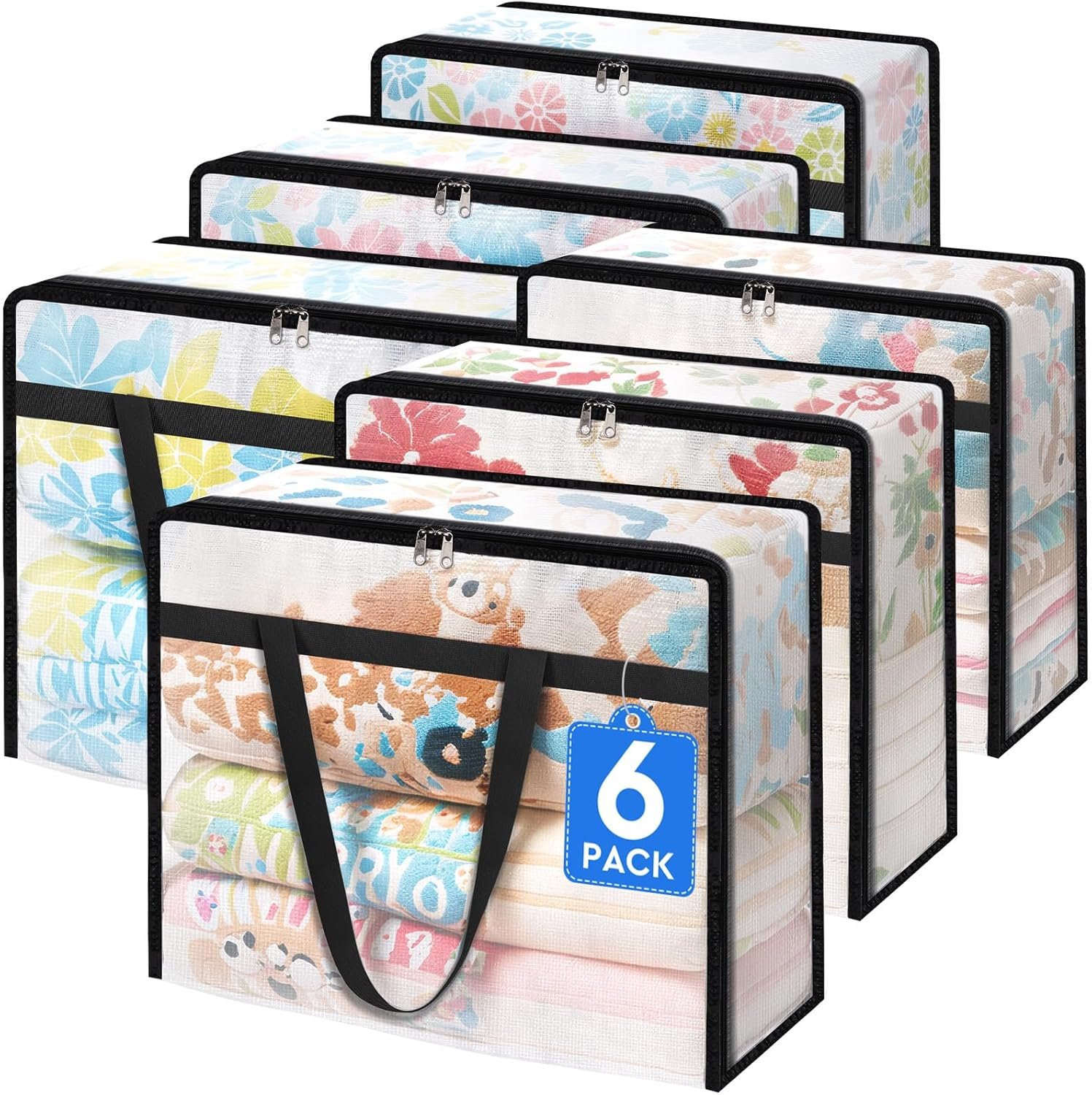 TasticTotes 6 Pack Clear Storage Bags for Comforter, Clothes & Bedding, Plastic Blanket Storage with Zipper and Handle, Moving Bags, Closet Organizer and Under-Bed Storage (40L)