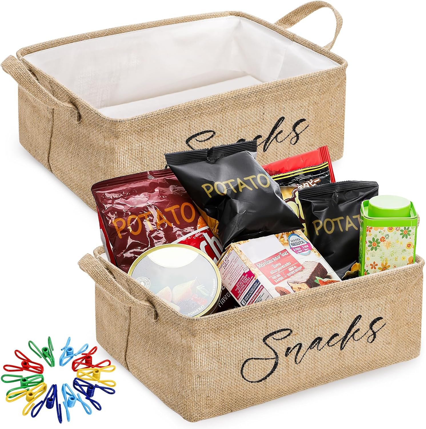 DEAYOU 2 Pack Snack Organizer for Pantry, Burlap Snack Storage Bins with 30 Pcs Bag Clips, Foldable Basket Containers with Handle for Countertop, Kitchen, Office, Chips, Popcorn, Candy, Pretzels