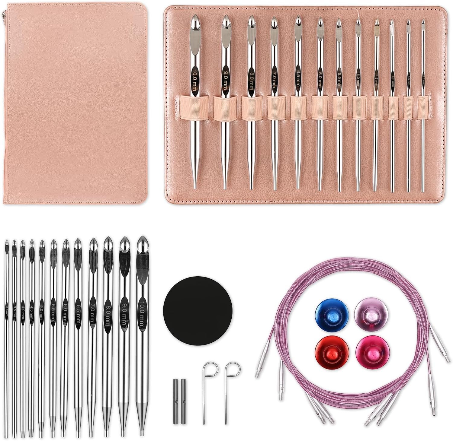 Tunisian Crochet Hooks Set Aluminum Metal Interchangeable Crochet Hook with Cable 3mm-10mm Ergonomic Crochet Hooks for Arthritic Hands 26Pic (Pink)
