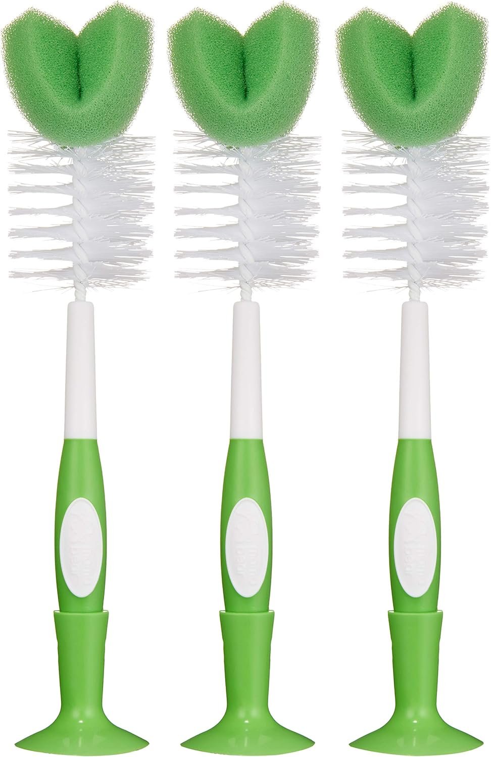 Amazon Brand – Mama Bear Baby Bottle Brush with Nipple Cleaner and Suction Cup Stand, White (Pack of 3)