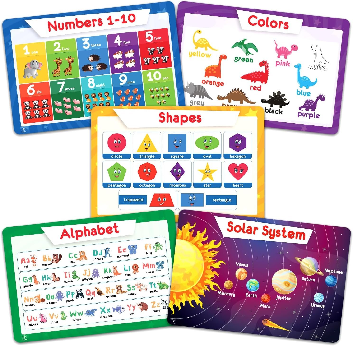 Simply Magic 5 Educational Placemats for Kids – Kids Placemats Non Slip, Washable Reusable Plastic Place Mats for Toddler, Alphabet ABC, Shapes, Colors, Numbers, Solar System Learning Place Mats