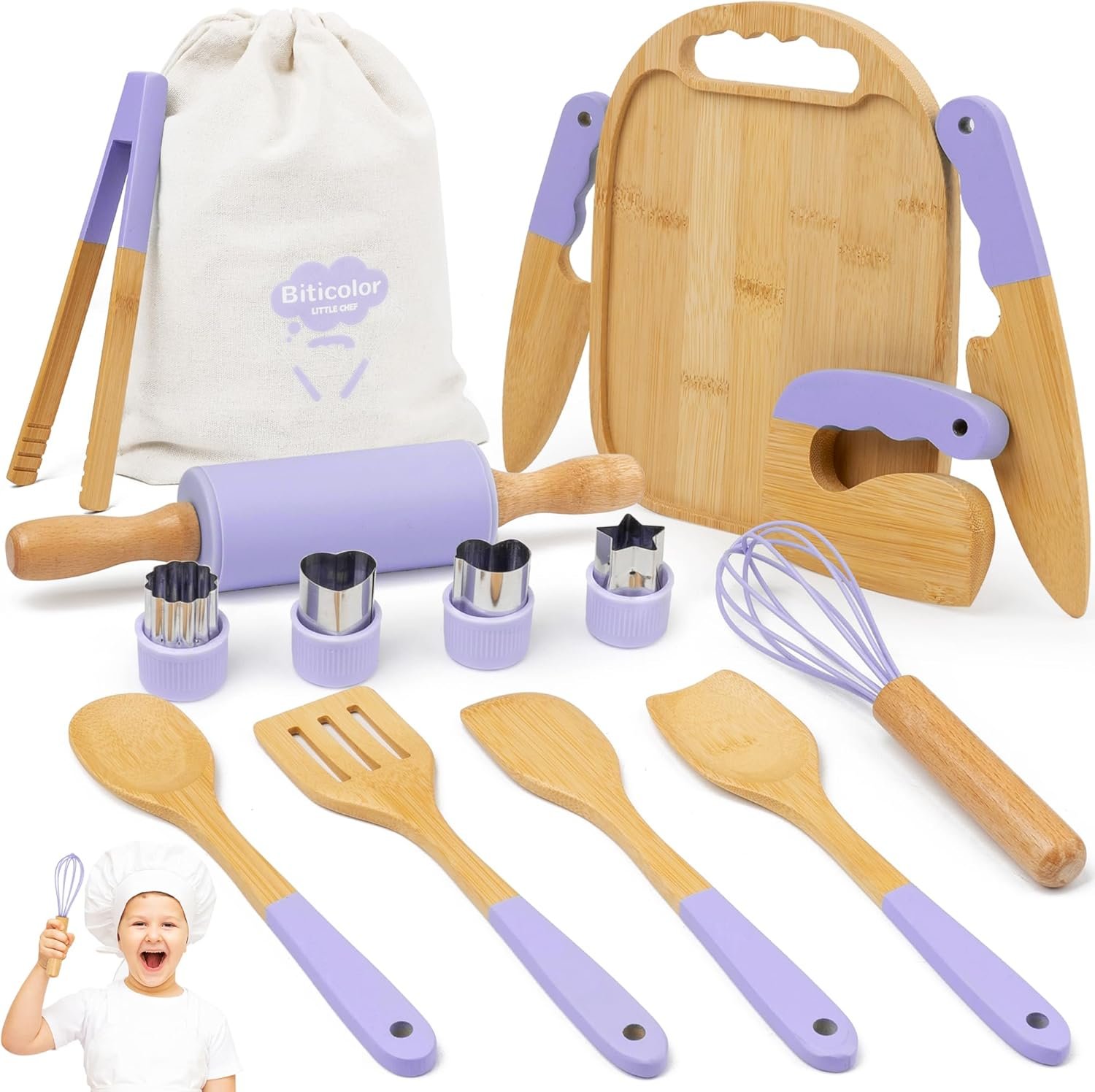 Wooden Kids Cooking Set Montessori Kit – Real Toddler Kitchen Tools & Baking Utensils – 30PCS Cooking Kit for Kids with Storage Bag, Great Gift for Pretend Play & Montessori Learning (Purple)