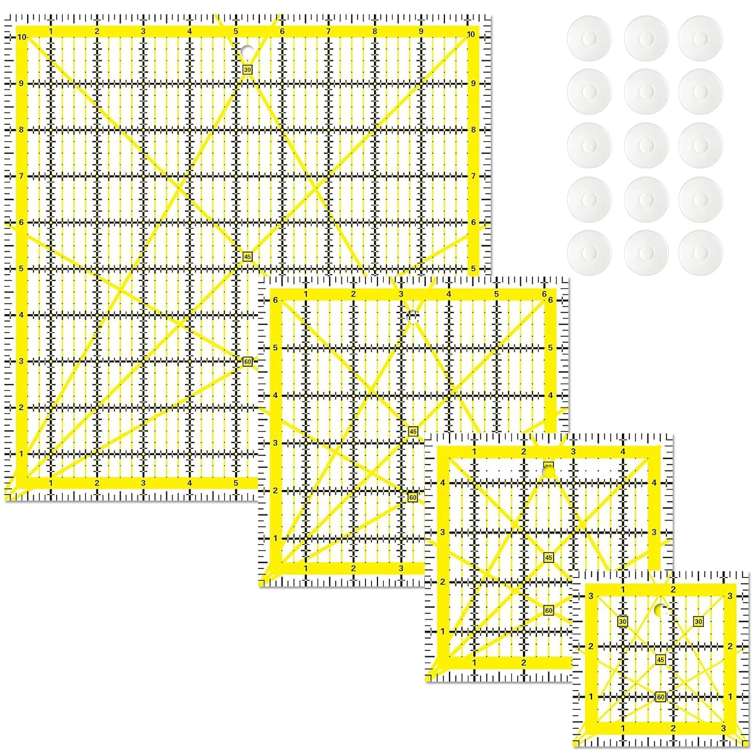 Quilting Rulers 4 Square Ruler Quilting Templates,Quilting Ruler Acrylic Rulers, with Non-Slip Rings for Quilting and Sewing.(3.5” x 3.5”, 5” x 5”, 6.5” x 6.5”, 10.5”x 10.5”)