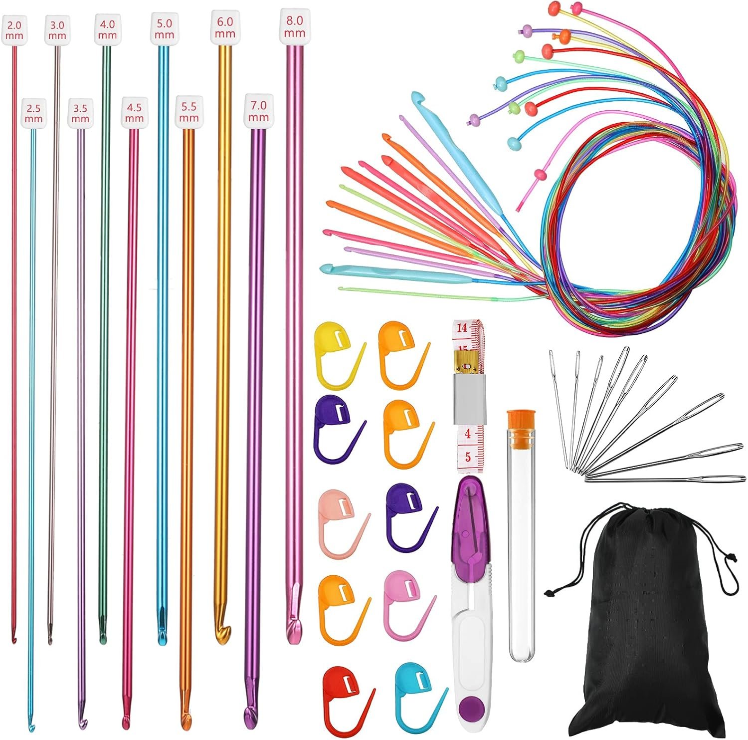 Waydress Crochet Hook Set with Cable 2-8 mm Multicolor Aluminum Long Crochet Hooks 3.5-12 mm Plastic Afghan Needle with Storage Bag, Scissors, Stitch Markers, Blunt Needles, Measure Tape for Beginner