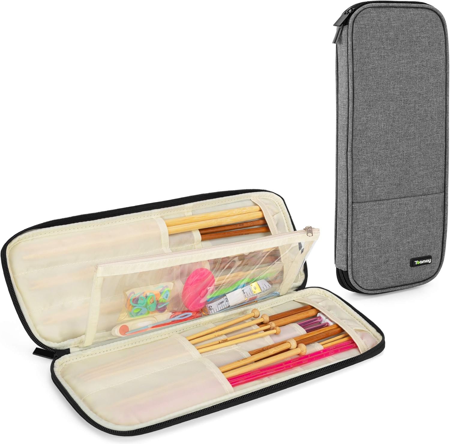 Teamoy Knitting Needles Case (Up to 14”), Travel Organizer Storage Bag for Knitting Needles, Tunisian Crochet Hooks and Accessories, Gray