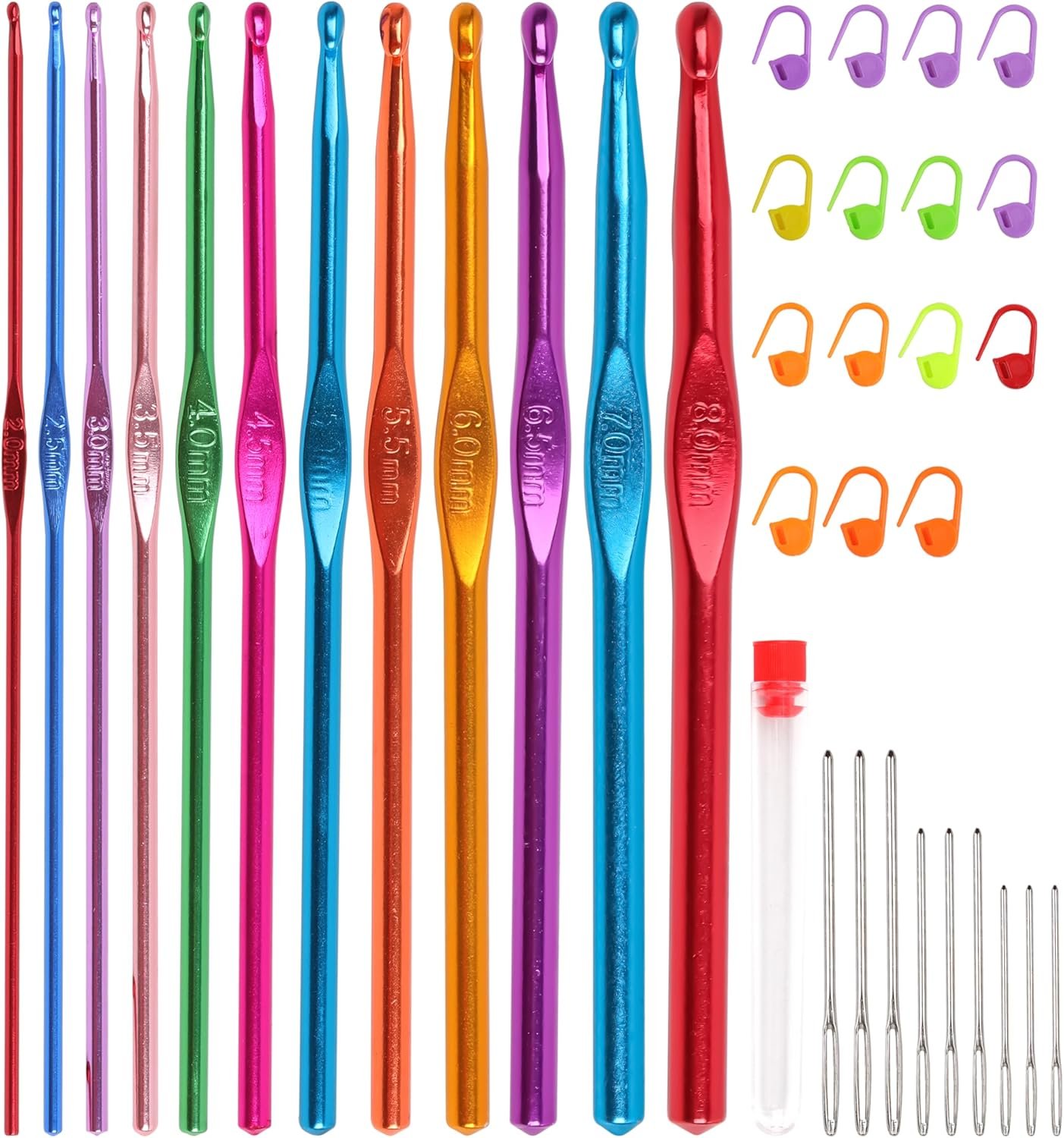 37 Pcs Crochet Hooks Set Coloured Aluminum Crochet Hooks Knitting Needles with Large-Eye Blunt Needles and Stitch Markers for Arthritic Hands Yarn Craft,Gift for Women