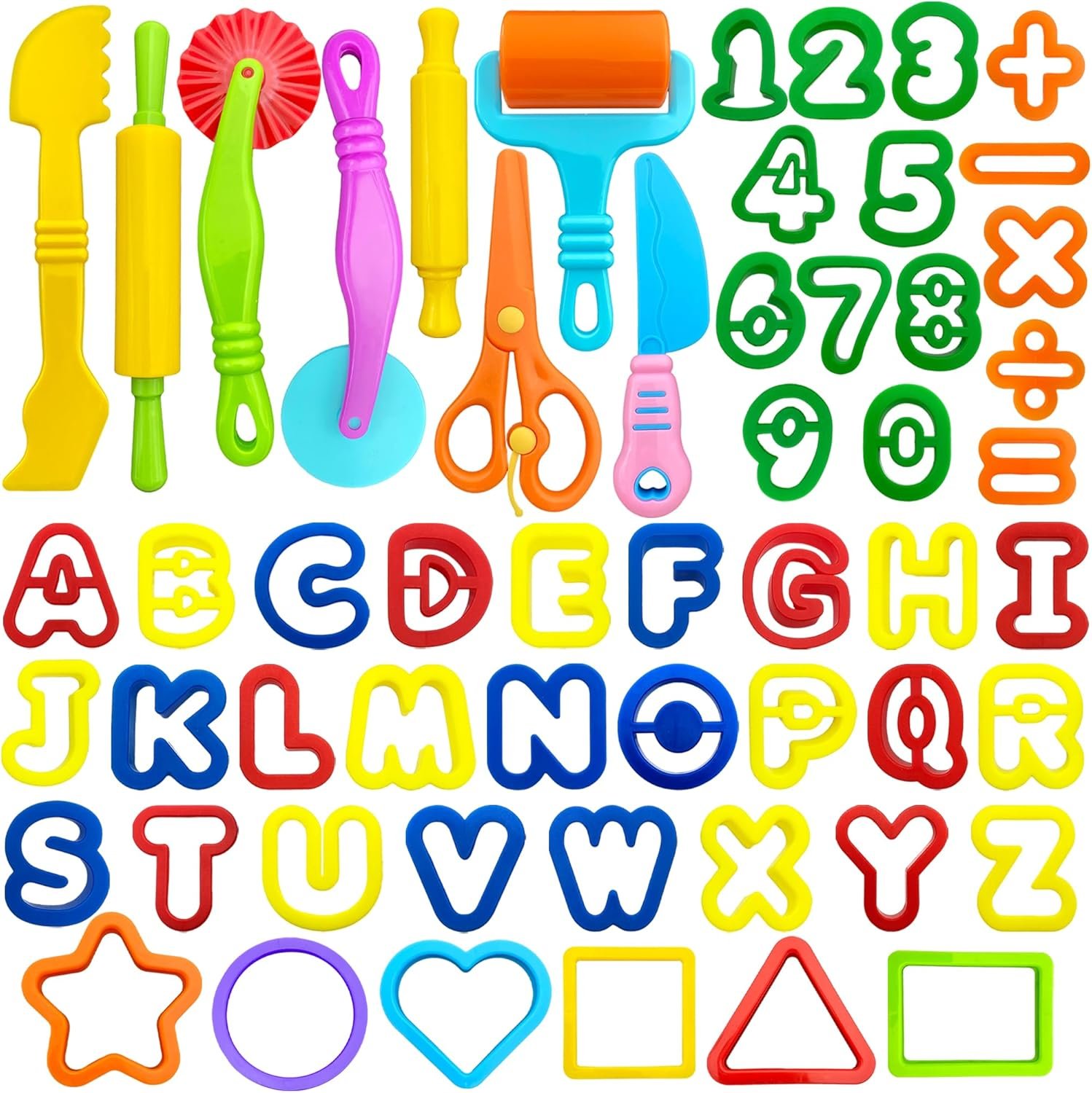 Dough Tools 55 PCS Dough Play Tools Set for Kids, Plastic Alphabet Numbers Shapes Cutters, Rollers, Scissors