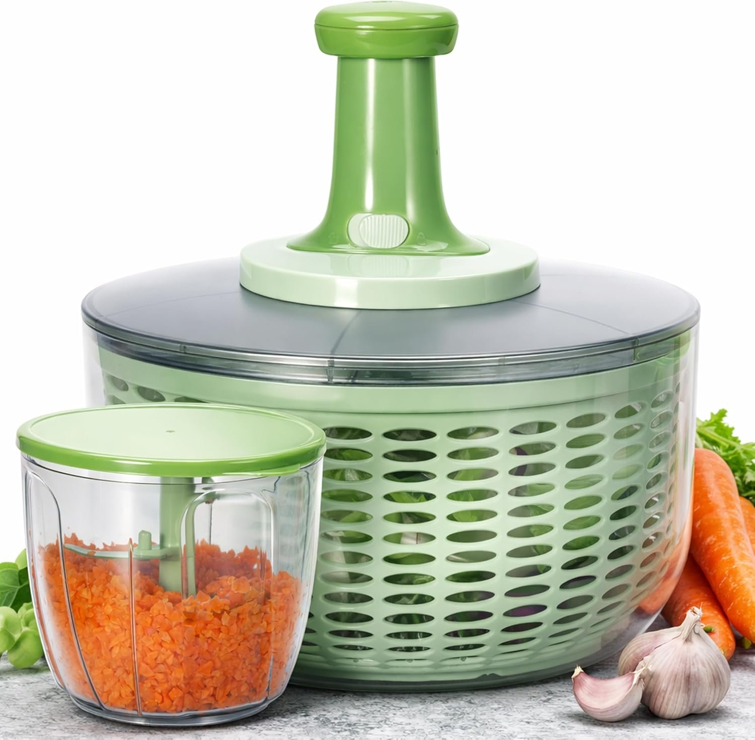 Brieftons Salad Spinner and Chopper: Large 6.3-Quart Lettuce Greens Vegetable Washer Dryer, with Bonus 0.95-Quart Veggie Chopper Mixer, Compact Storage, Easy Push Operation for Quick Veggie Prepping