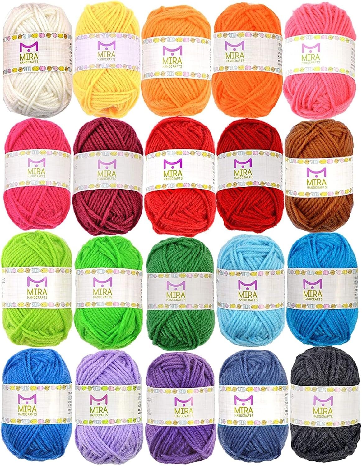 20 Acrylic Yarn Skeins – 438 Yards Multicolored Yarn in Total – Great Crochet and Knitting Starter Kit for Colorful Craft – Assorted Colors