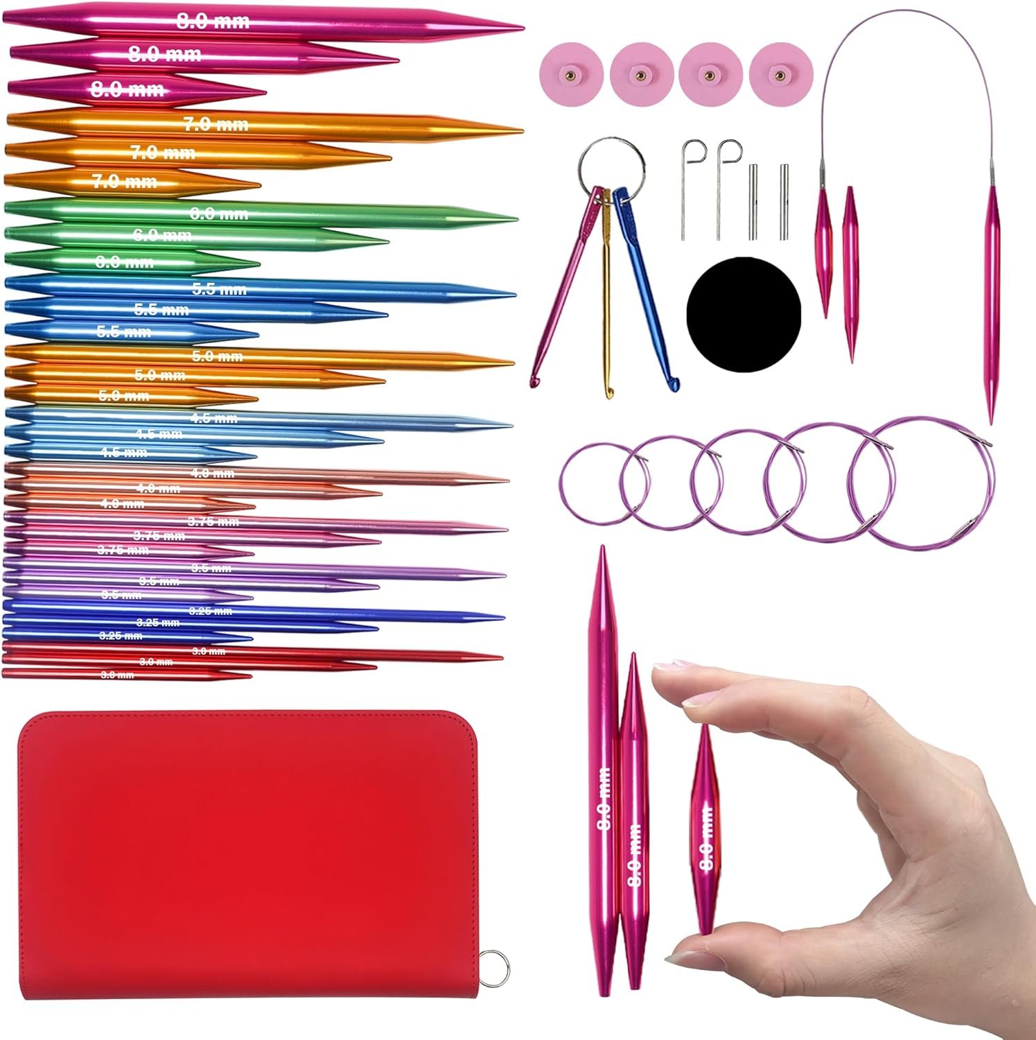 Lewhoo Circular Knitting Needles Set with Case,11 Pairs Interchangeable Aluminum Circle Needles with 5 Cables 3.0~8.0mm Multicolored