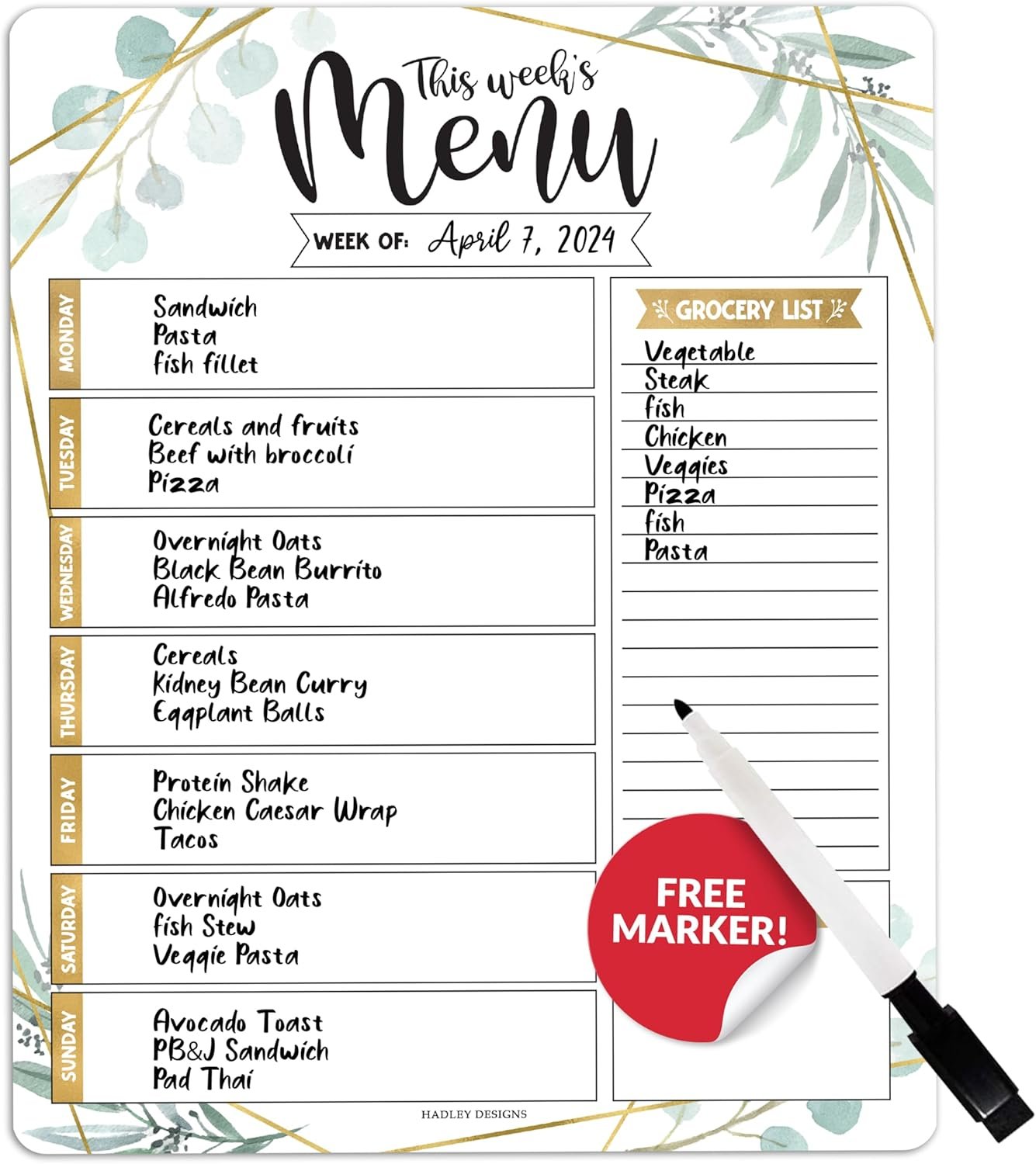 Hadley Designs Weekly Meal Planner for Fridge – Dinner Menu Board for Kitchen, Greenery Weekly Menu Board Dry Erase, Dry Erase Meal Planner for Fridge