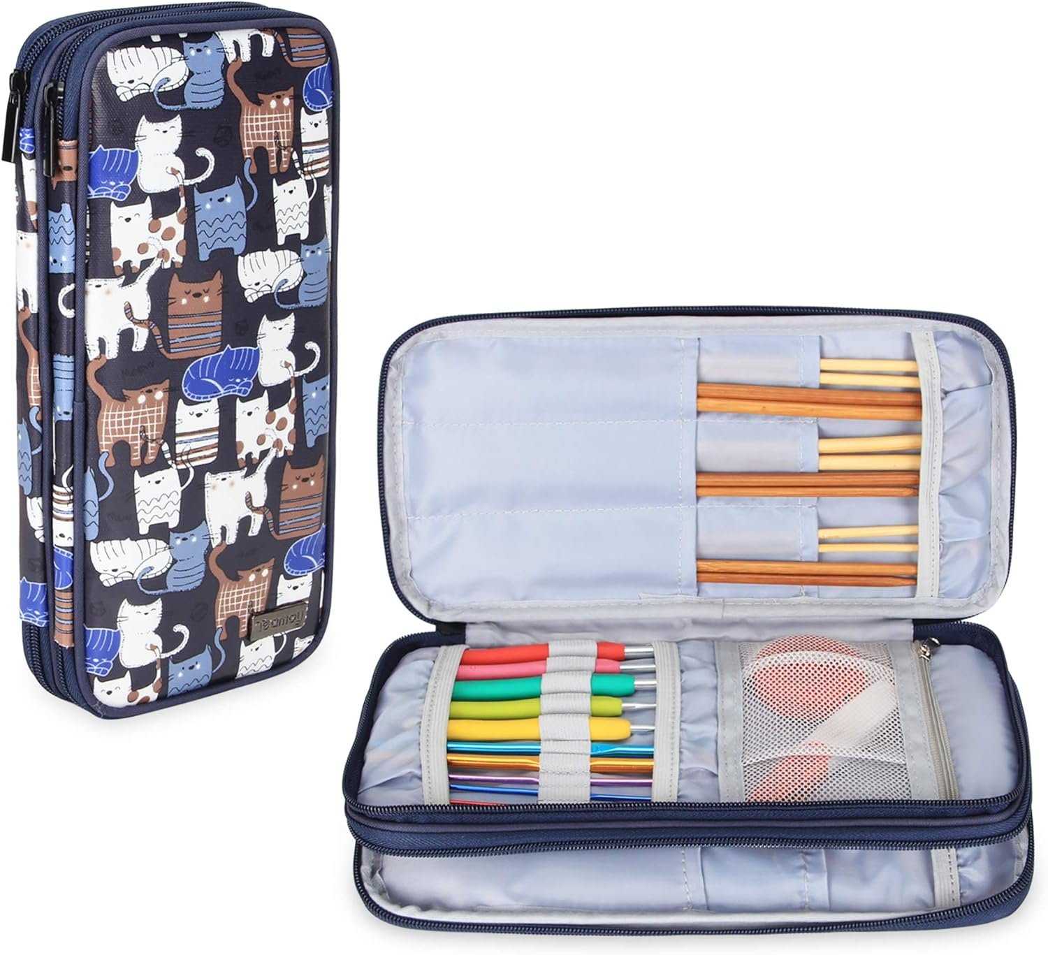 Teamoy Knitting Needles Case(up to 10-Inch), Travel Organizer Storage Bag for Circular and Straight Knitting Needles, Crochet Hooks and Knitting Accessories, Blue Cats-NO ACCESSORIES INCLUDED