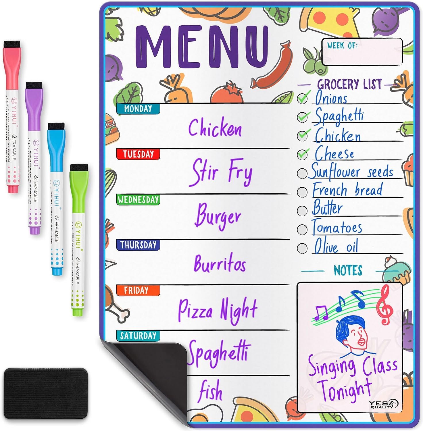 Magnetic Dry Erase Menu Board for Fridge (Fruit, 16×12) – Weekly Meal Planner Whiteboard w/ 4 Magnetic Markers & Eraser – Chalkboard Organizer for Dinner Menus & Grocery Lists by Yes4Quality