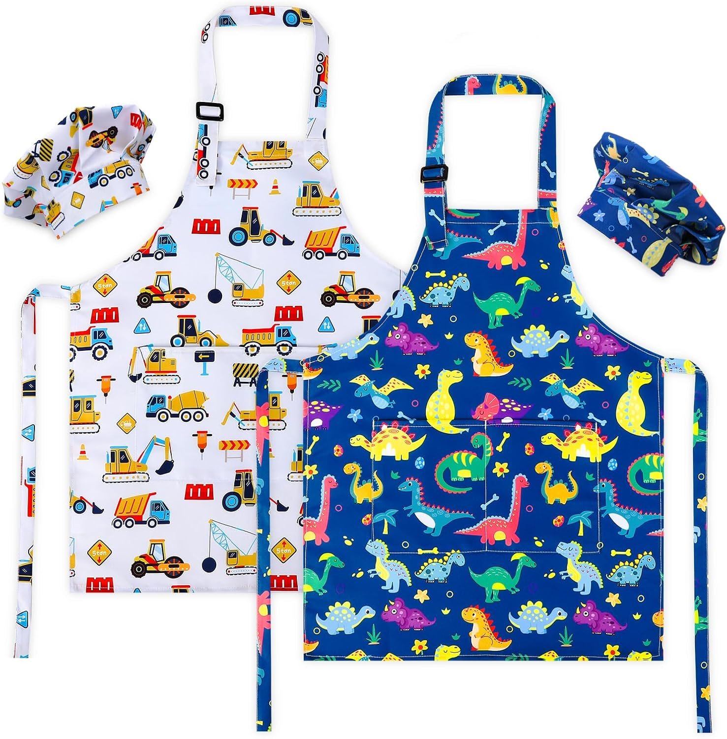 4 Pack Kids Apron and Chef Hat Set, Adjustable Beginner Toddler Aprons with 2 Pockets, Kitchen Aprons Gift
