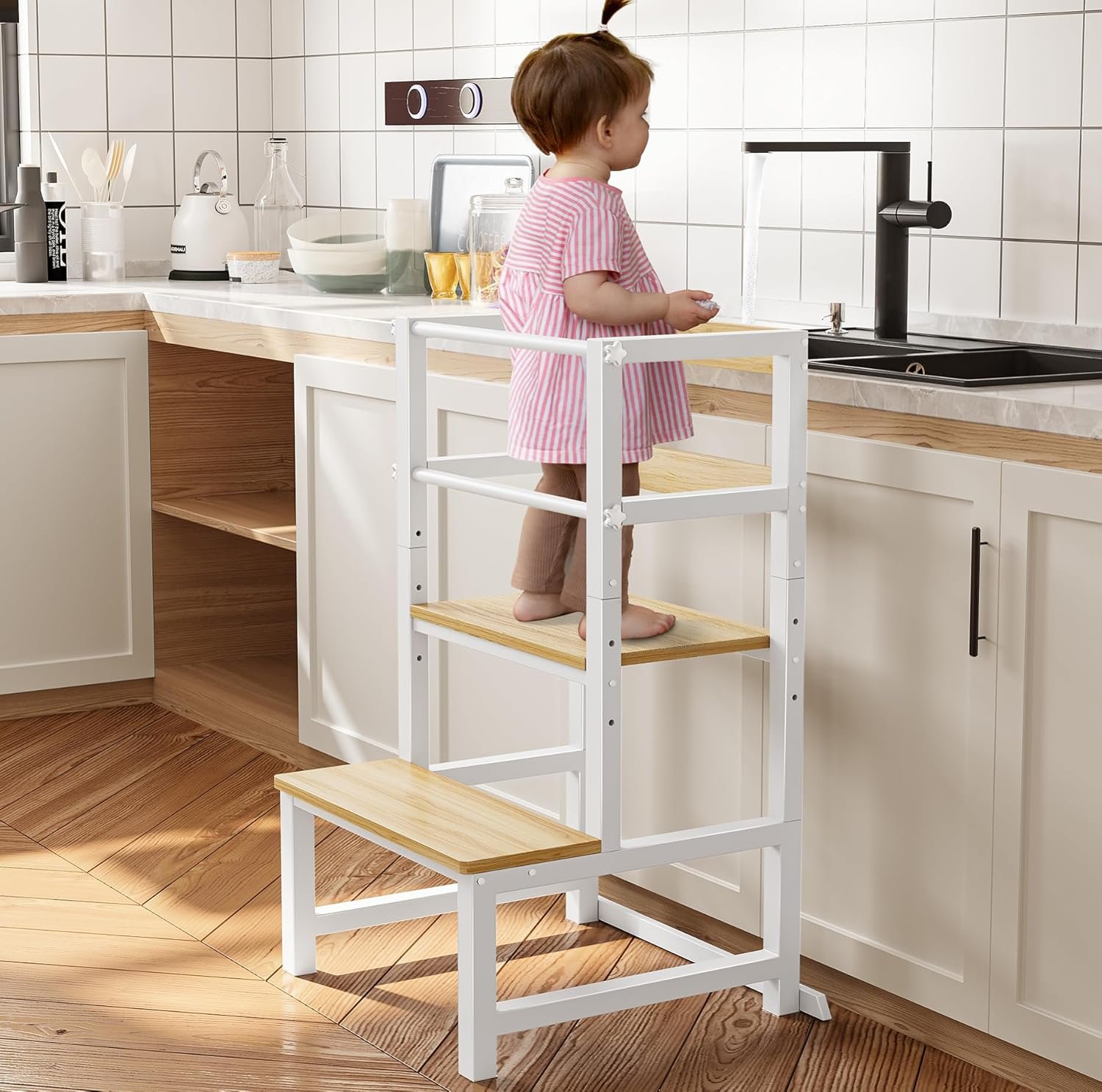 INNOD Kitchen Step Stool for Toddlers, Height Adjustable Toddler Tower with Safety Rail, Steel and Wood Toddler Kitchen Stool Helper Kids, Stool for Kids, Learning Tower, Kids’ Desk Wood White