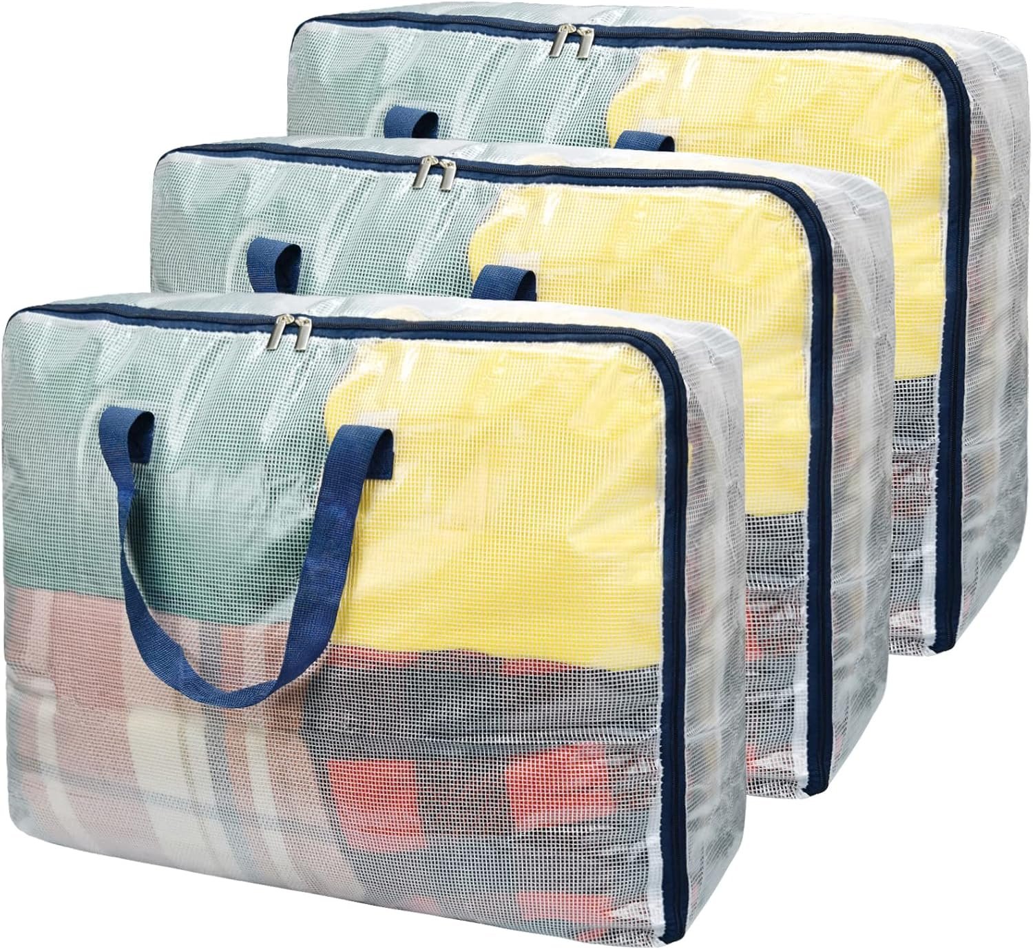 Ineetatu Clear Storage Bags with Zipper, 75L Extra Large Capacity – Closet, Underbed Storage Organizer for Clothes, Bedding, Comforter, Toys, Pillow & Blanket, 3 Pack