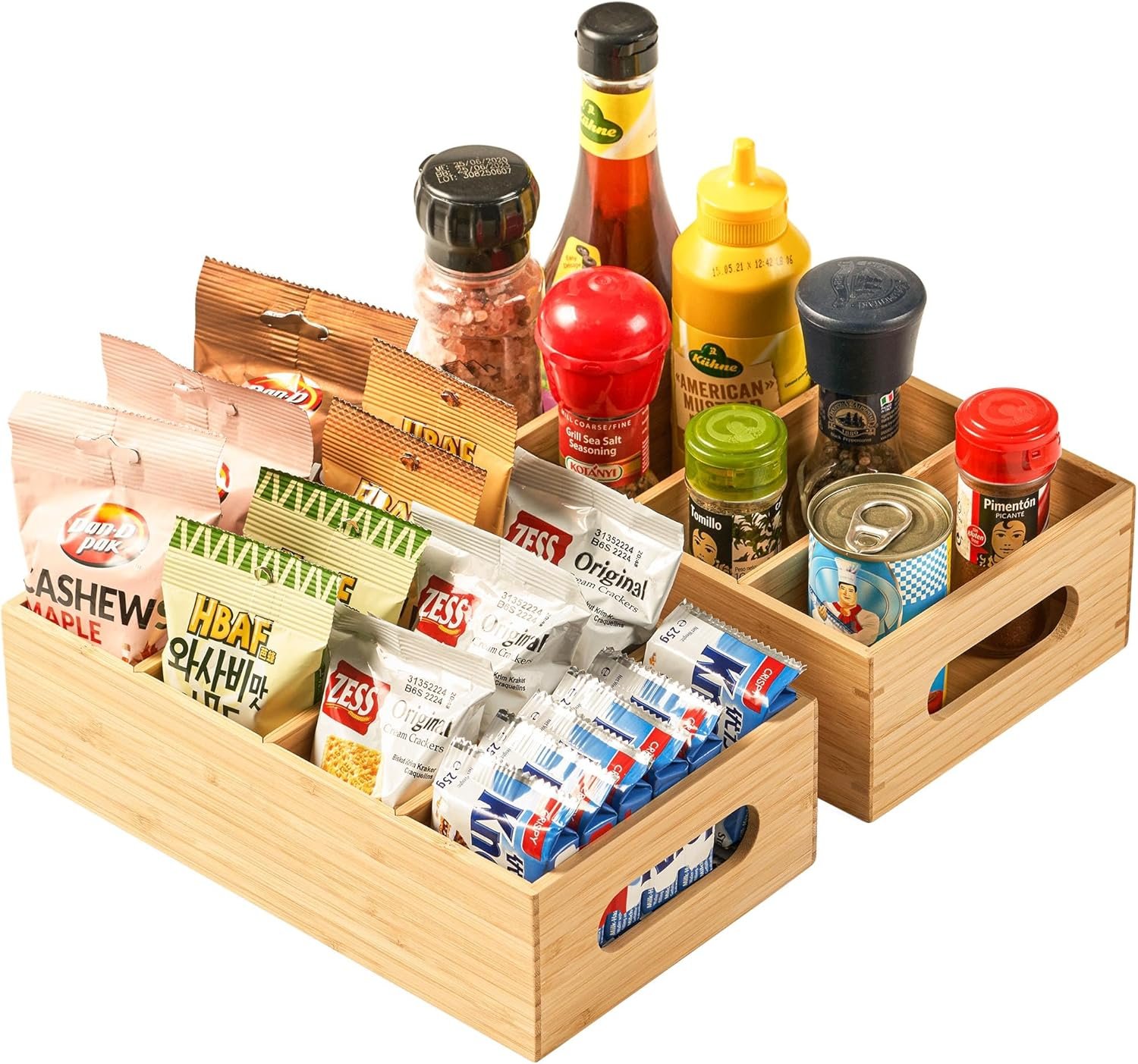 Umilife Bamboo Pantry Organizers and Storage Bins with Removable Dividers, Kitchen Drawer Cabinet Countertop Organization for Snack, Spice Packets, Teabags, Seasoning Pouches (2 Pack)