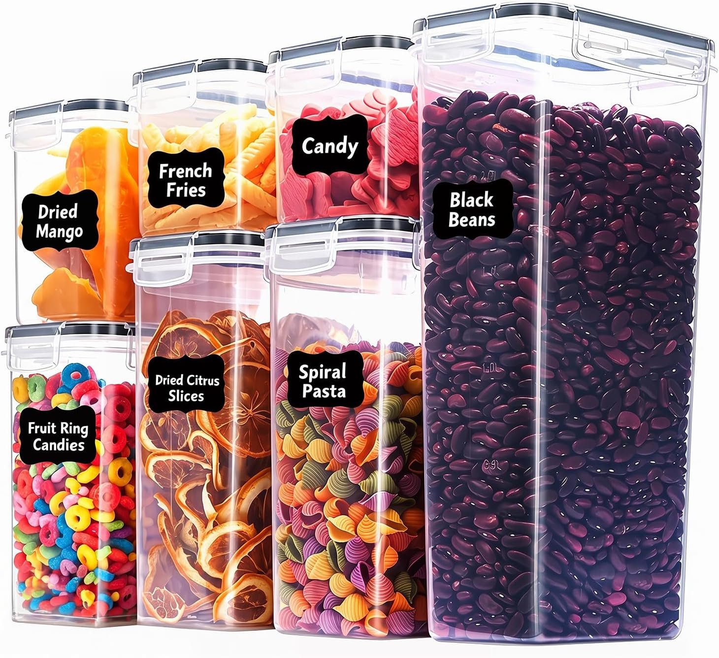 7 PCS Airtight Food Storage Containers with Lids, BPA Free Clear Plastic Kitchen and Pantry Organization and Storage Set for Flour, Sugar, Cereal, Pasta, Includes 7 Labels and Marker