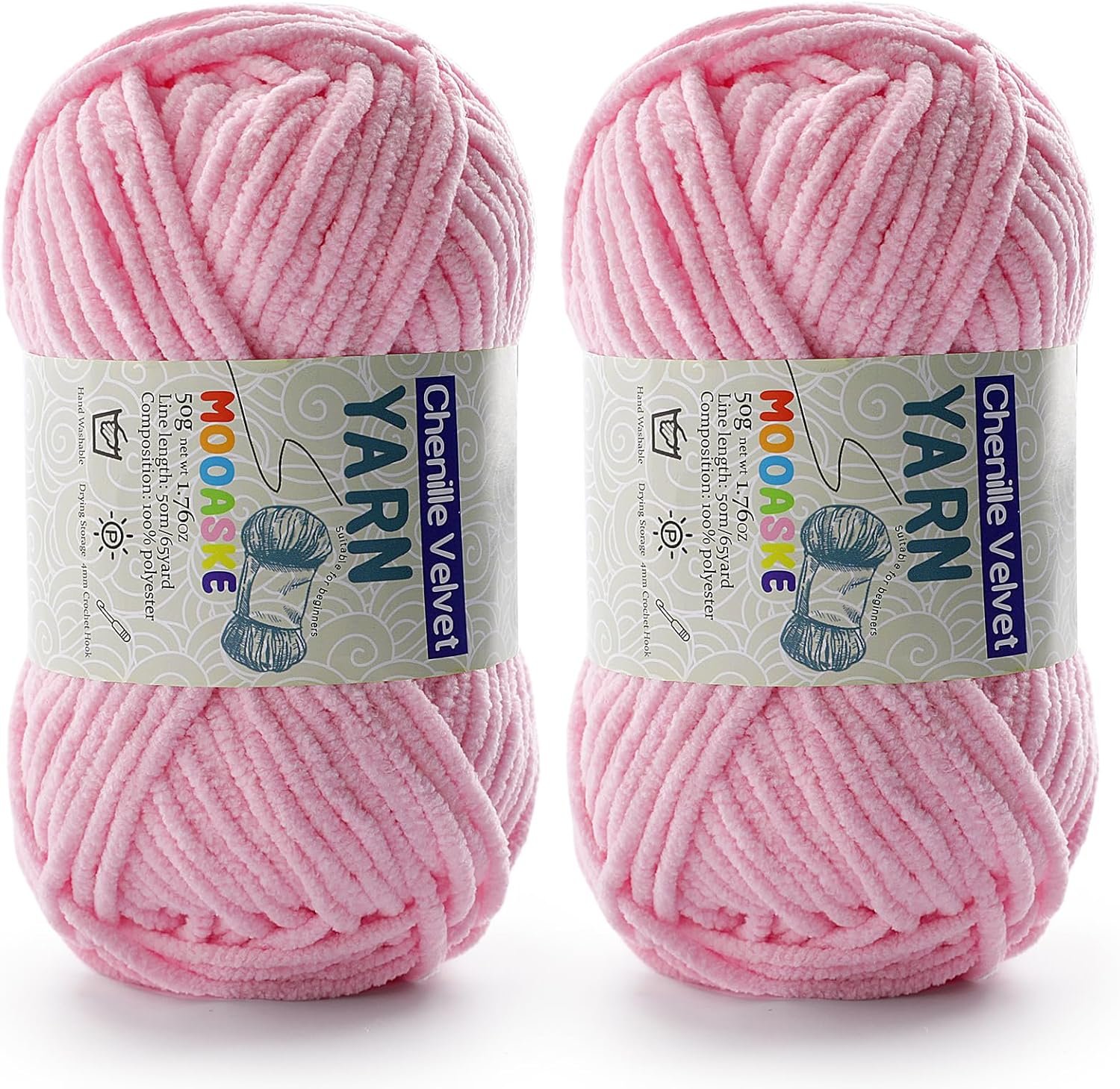 2 Pac Chenille Yarn for Crocheting – Blanket Yarn for Crochetings – Fluffy Yarn for Crochet, Baby Yarn for Crocheting Soft Blankets Weight Per Roll 50g/1.76oz, Length 60m/65yard (Light Pink)