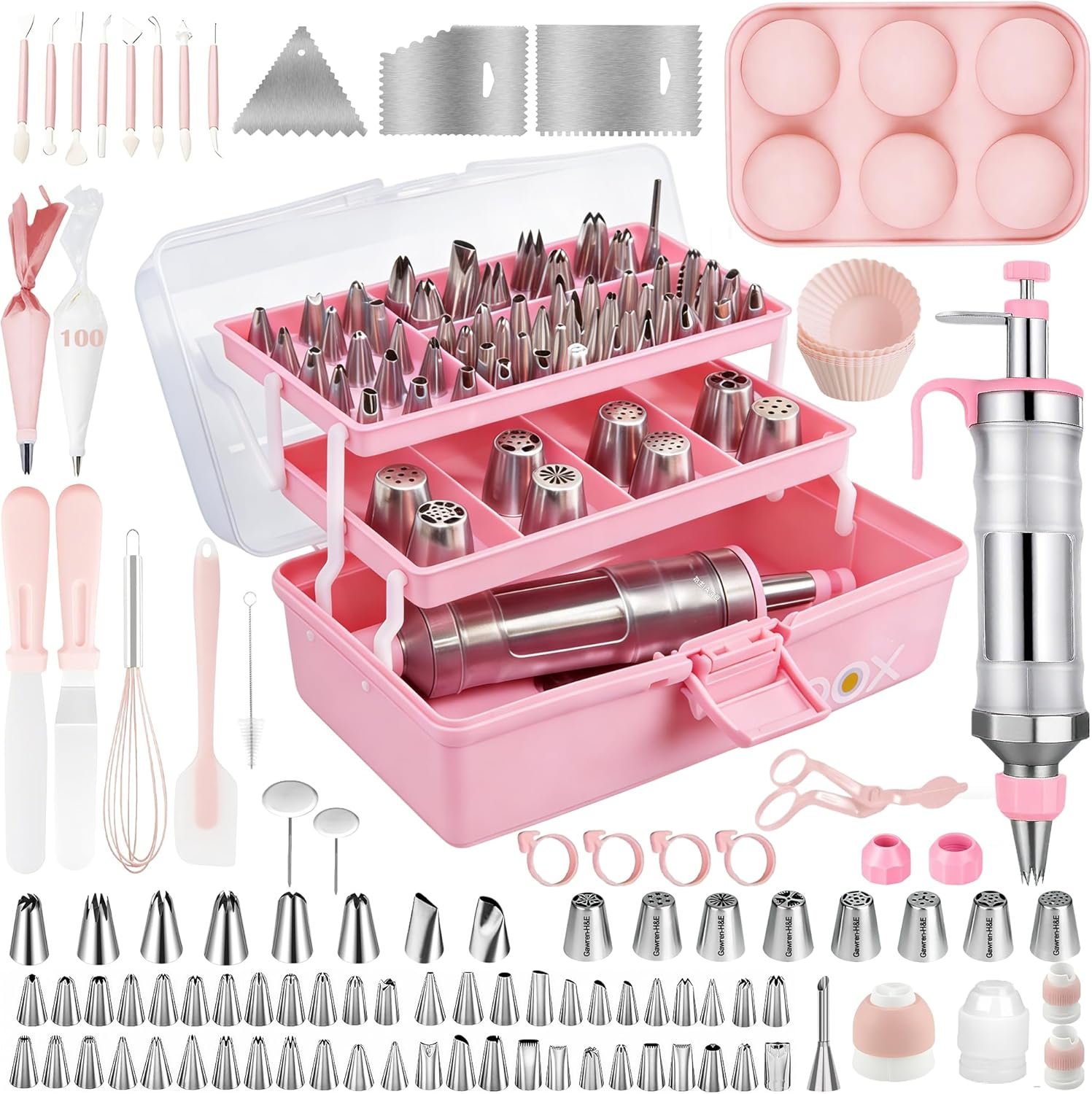 Gawren-H&E 209 PCS Baking Supplies-Cake Decorating Kit with Dessert Decorating Syringe Set,Storage Case,Piping Bags and Tips Set,Frosting Fondant Bakery Set for Beginners and Cake Lovers (Pink）