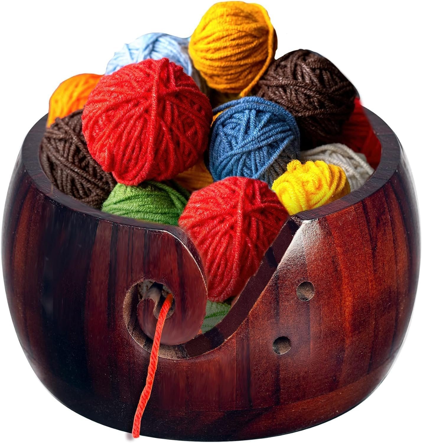 IUAQDP Wooden Yarn Bowl for Crocheting and Knitting, Crochet Wool Yarn Storage Basket Round with Holes Handmade Holder 6″ x 3″ for Christmas Mothers Day Birthday Hand Made Knitting String Lovers