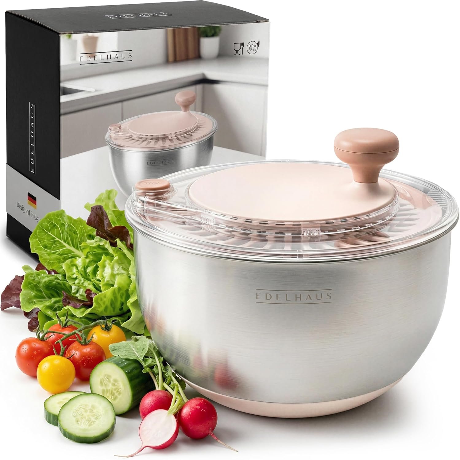 Salad Spinner Stainless Steel 5.3Qt | Lettuce Spinner BPA-Free with Stop Button, Drain Spout & Crank Handle | Fruit Cleaner Spinner | Vegetable Washer Salad Cleaner with Non-Slip Base Dishwasher Safe
