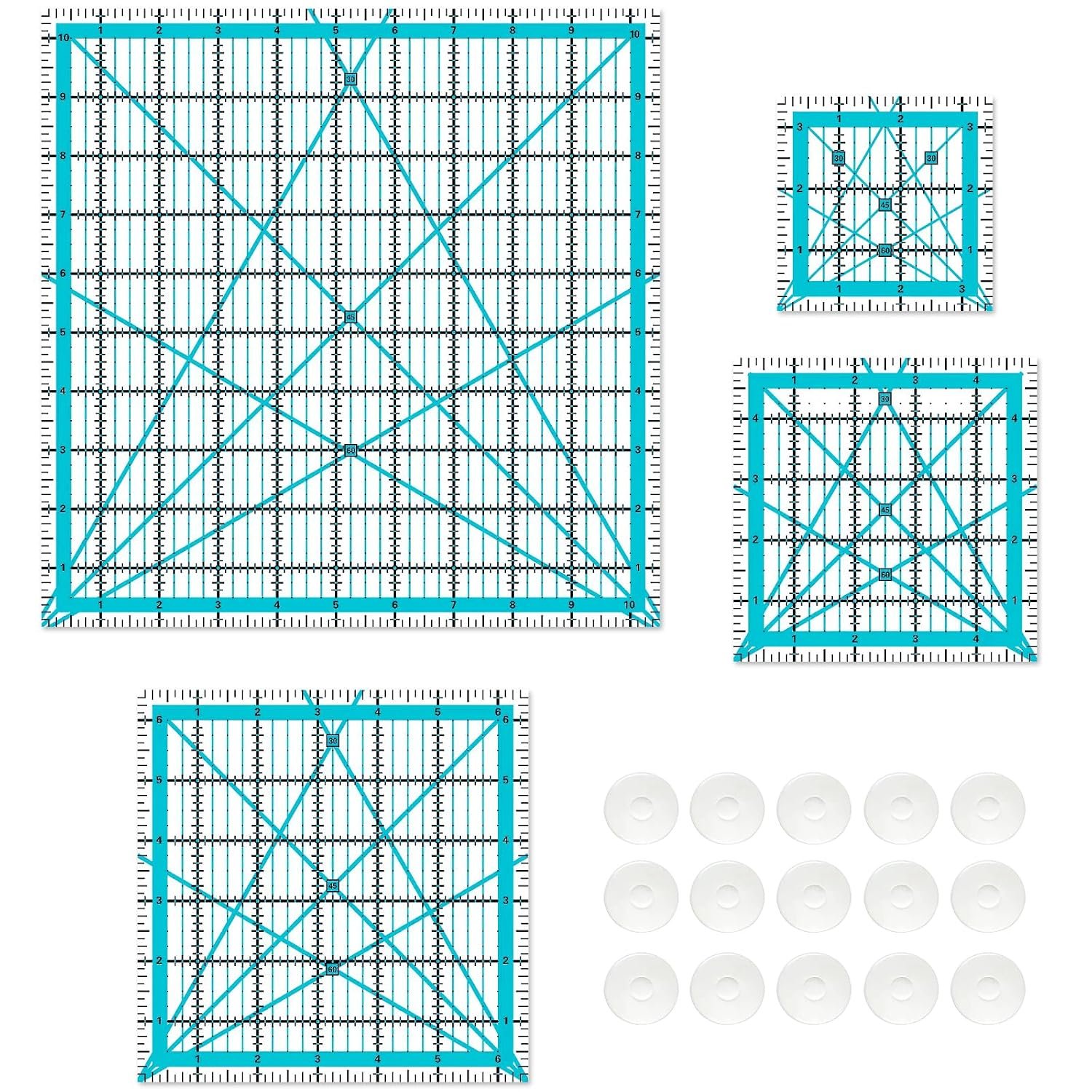 Quilting Rulers, Sewing Rulers, 4 Piece Quilting Square Templates, Acrylic Rulers with Non-Slip Rings for Sewing (3.5″X3.5″, 5″X5″, 6.5″X6.5″, 10.5″X10.5″) (Blue)