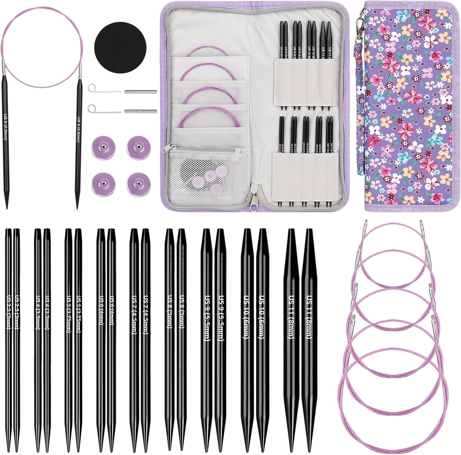 Katech Interchangeable Knitting Needles Set- 9 Pairs Circular Knitting Needles Size 2.5, 4, 5, 6, 7, 8, 9, 10,11, Round Knittings Needle with 5 Cable and Case Accessories for Sweater Sock, Blanket