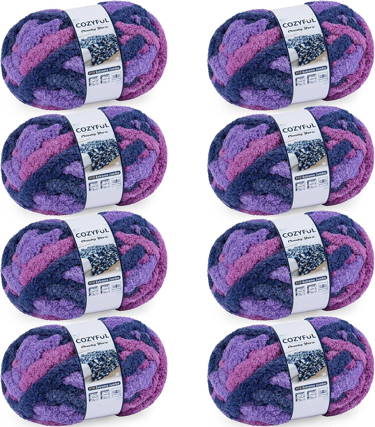 Cozyful Chunky Yarn for Hand Knitting – #10 Chunky Chenille Blanket Yarn, Jumbo Big Thick Chunky Yarns for Crocheting, Tie Dye Bulky Knit Yarns, 8 Skein (20 yds 8 oz Each Skein), Multi Purple