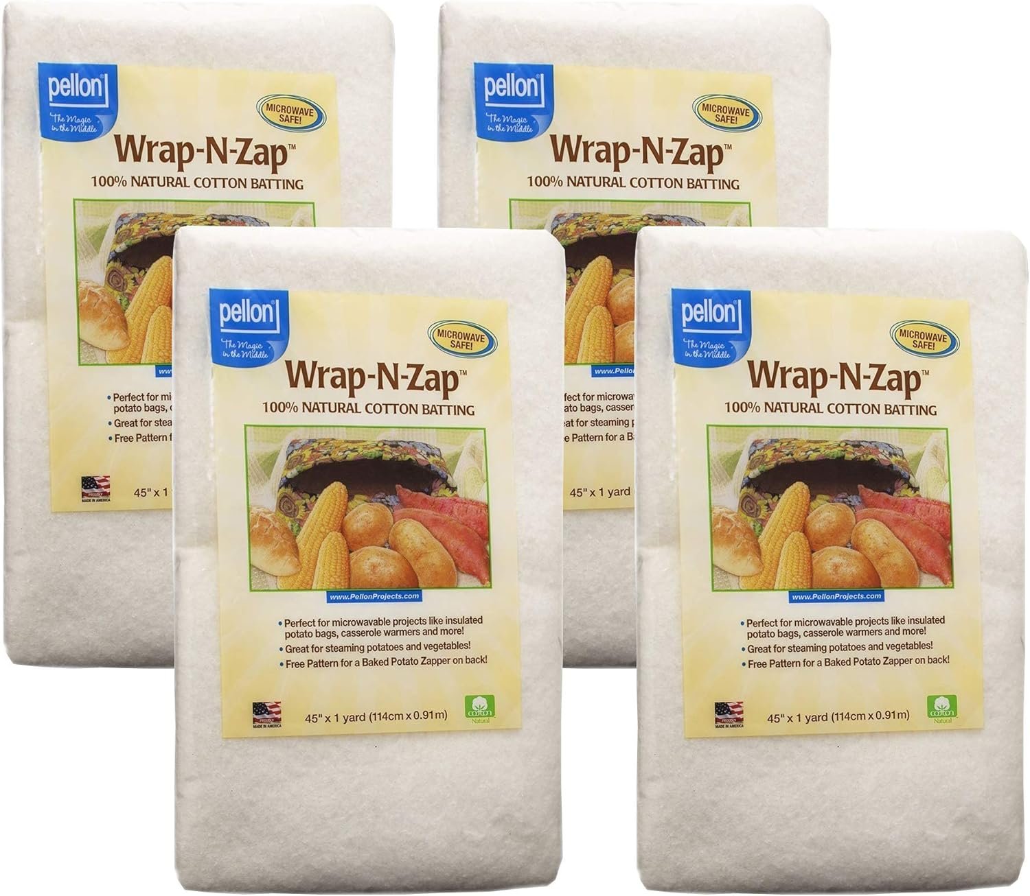 Pellon Wrap-N-Zap Cotton Quilt Batting, 45 by 36-Inch, Natural, 4 Pack