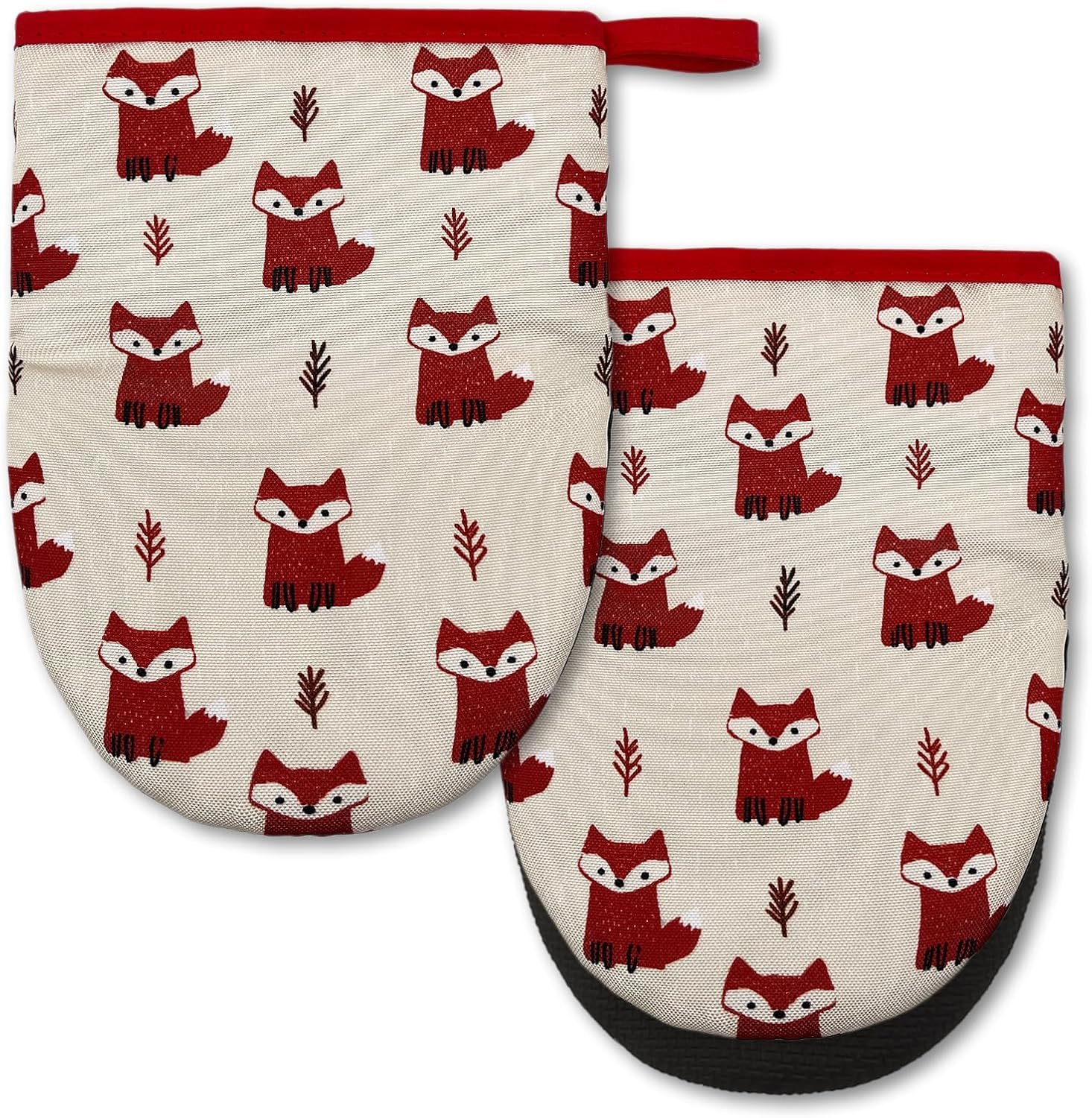Cute Fox Mini Silicone Oven Mitts 2-Pack Set, Heat Slip Resistant Kitchen Gloves, Soft Short Oven Mittens for Safe Cooking Baking Grilling