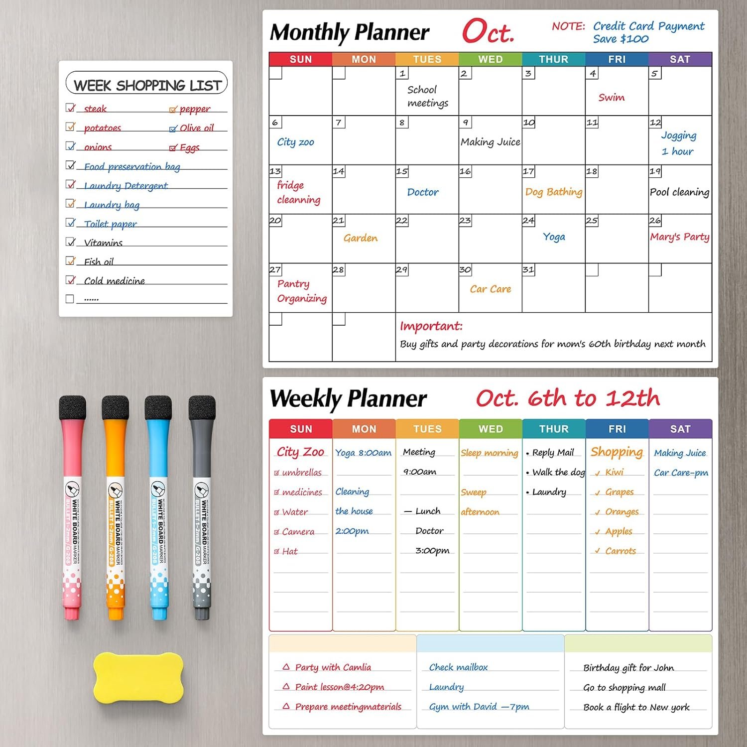 Dry Erase Magnetic Calendar for Refrigerator, 3 Pack- Monthly & Weekly & Daily Planner Magnet Whiteboard for Fridge Wall Door – Shopping, Meal/Menu, to Do List, Family Schedule Planning Board (C)