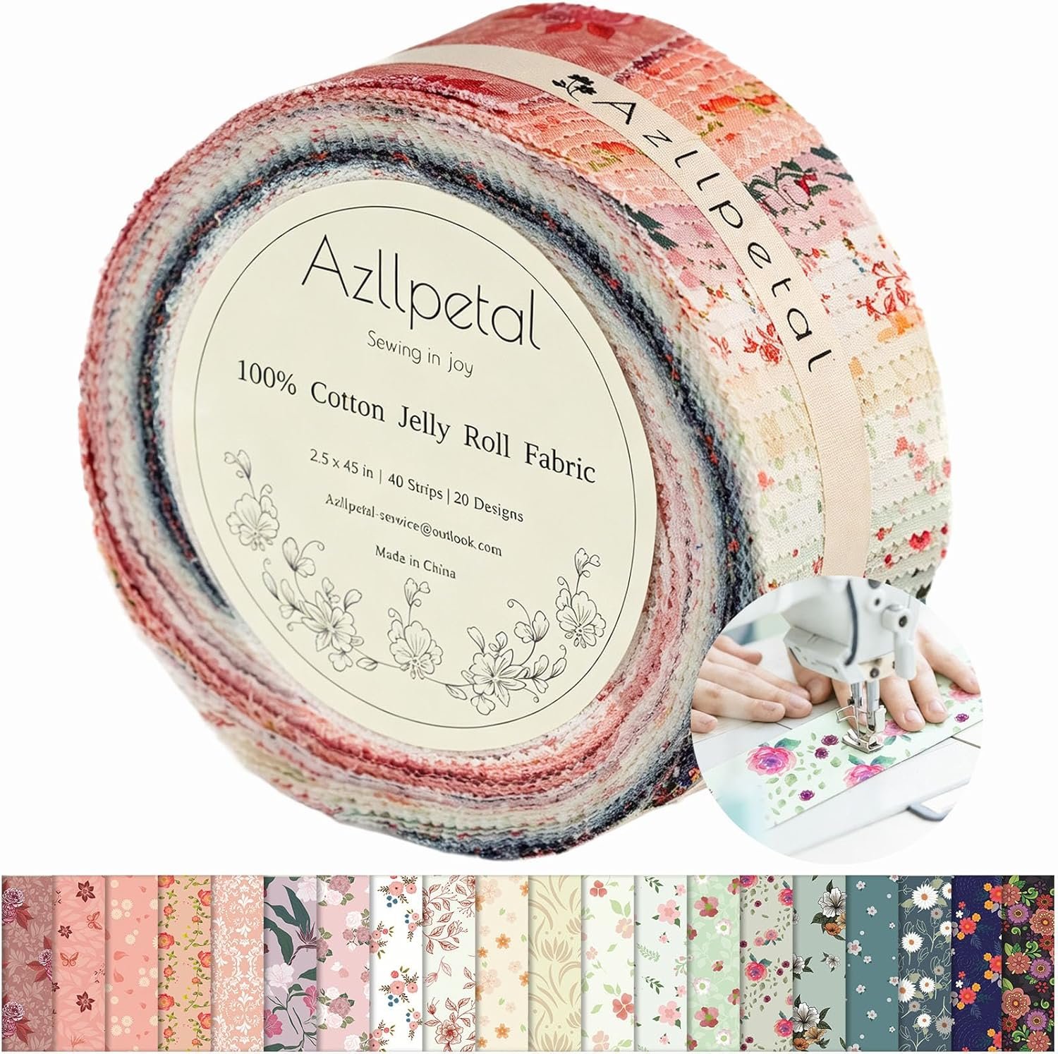 Jelly Roll Fabric,40 Pcs Cotton Jelly Roll for Quilting, 2.5″x 45″ Pre-Cut Fabric Clearance Strips Bundle for Sewing, Quilt, Patchwork, Bag,Rug, Purse, DIY-Spring Bouquet