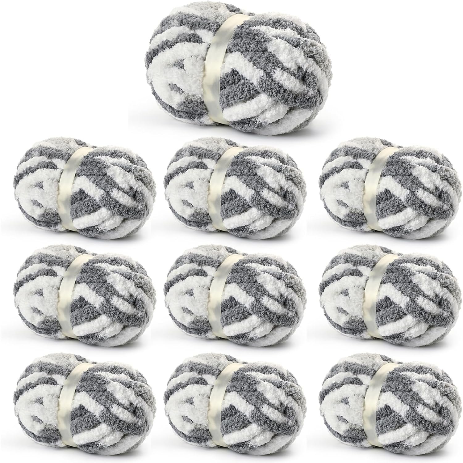 10 Pack Fluffy Chunky Chenille Yarn for Crocheting, Jumbo Chunky Blanket Yarn for Hand Knitting, 240yds/70.5oz Super Bulky Variegated Baby Blanket Yarn(White-Grey)