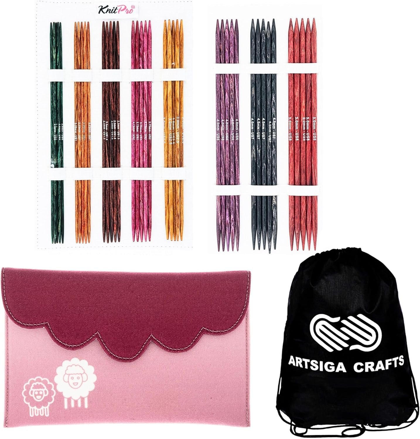 KnitPro Dreamz Deluxe Set 6 inch DPN Double Pointed Knitting Needles Size 0, 1, 1.5, 2, 2.5, 3, 4, 5, 6 with Fabric Case with Project Bag