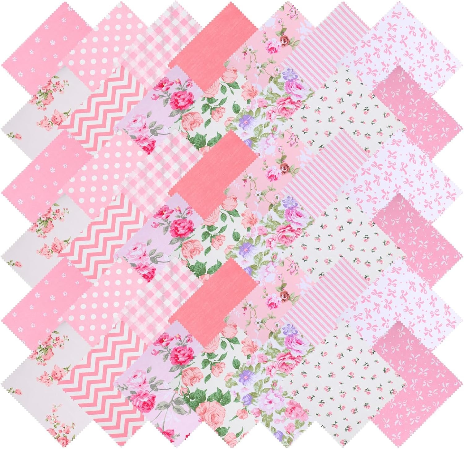 42Pcs Pink Charm Packs for Quilting, 100% Cotton Fabric Squares 5 x 5Inch Pre-Cut Quilted Fabric Floral Patchwork for Sewing DIY Craft