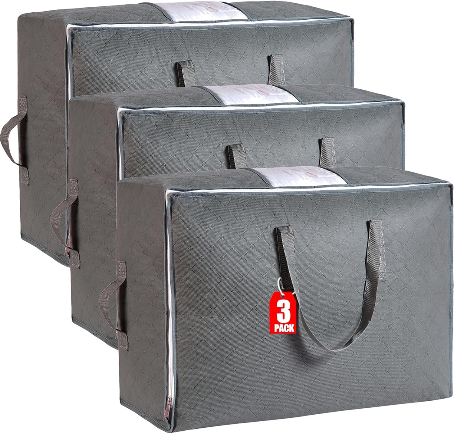 105L Extra Large Storage Bags for Blankets, King Comforters, Bedding, Clothes, Pillows, Sheets – Closet Organizers and Storage with 4 Handles & Clear Window, Foldable & Breathable (Grey, 3pack)