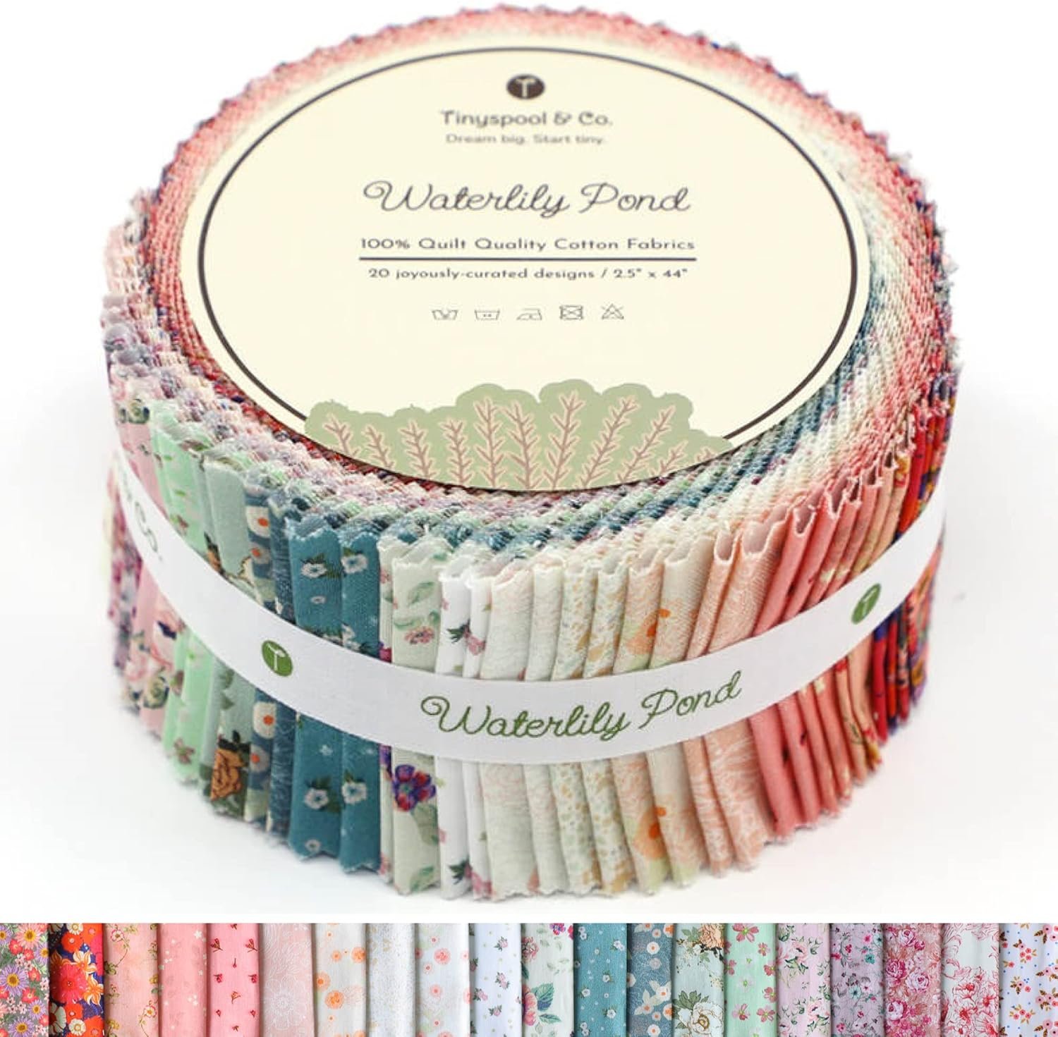 Tinyspool & Co.’s Twirlie Roll 40 Precut Quilting Fabric Strips for Quilting Supplies, Crafting, Sewing, Soft Cotton Strip for Blanket, Rug, Upholstery, Home Decor, and Purse Making, Waterlily Pond