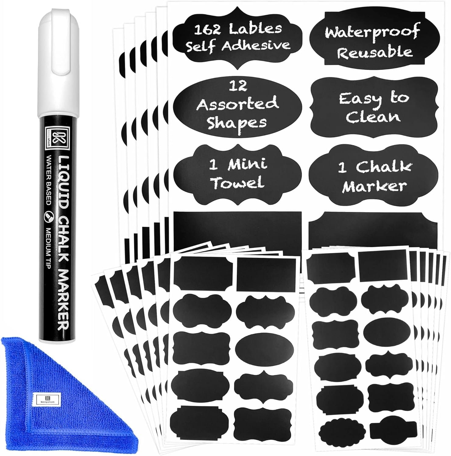 Chalkboard Labels for Jars 162pcs – Waterproof Reusable Chalk Sticker Labels for Containers Storage Jars – 12 Unique Shapes & 3 Sizes Includes Erasable Liquid Chalk Marker & Mini Towel (Pack of 162)
