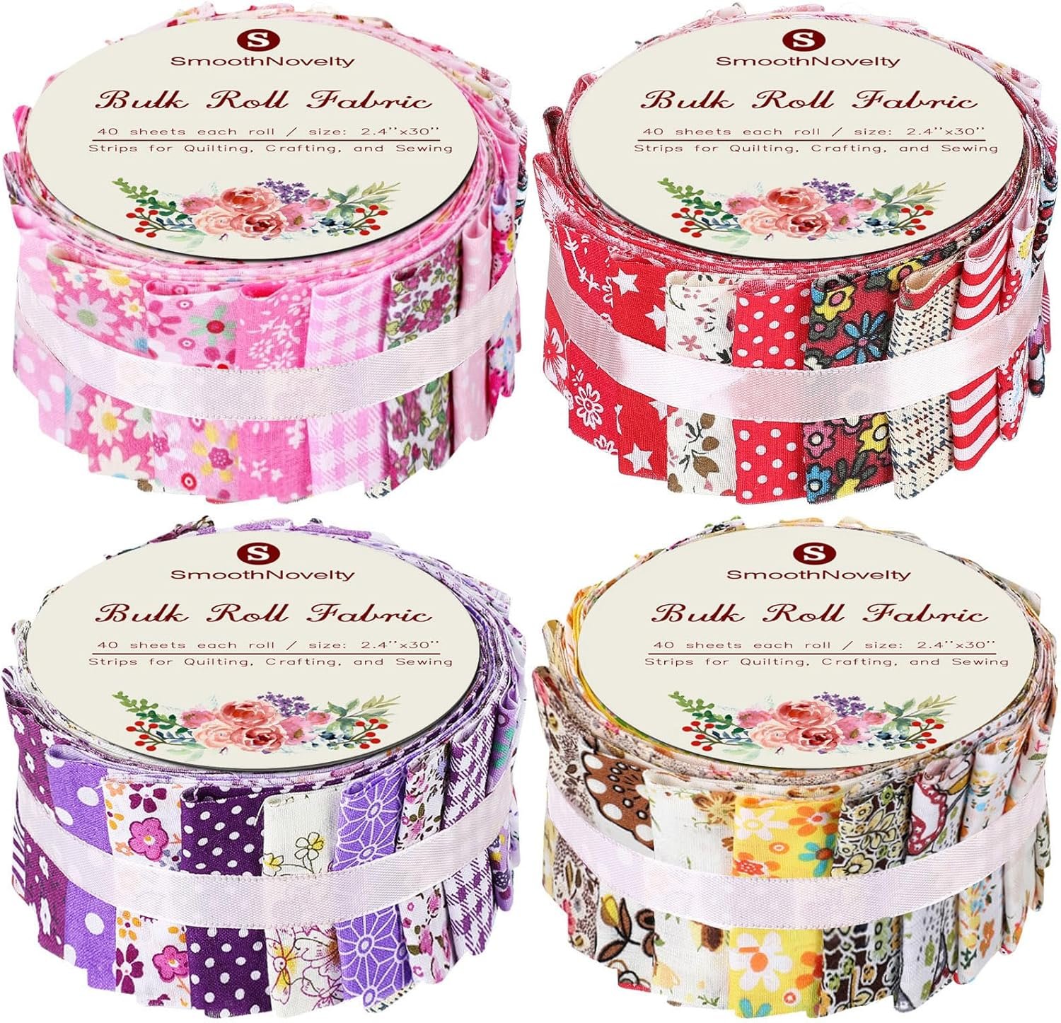 SmoothNovelty 160 Pcs 4 Roll Summer Floral Fabric Strips Assorted Spring Flower Quilting Fabric for Quilting Crafting and Sewing Rolled Cotton for Craft Blanket Rug Upholstery(Cute Style)