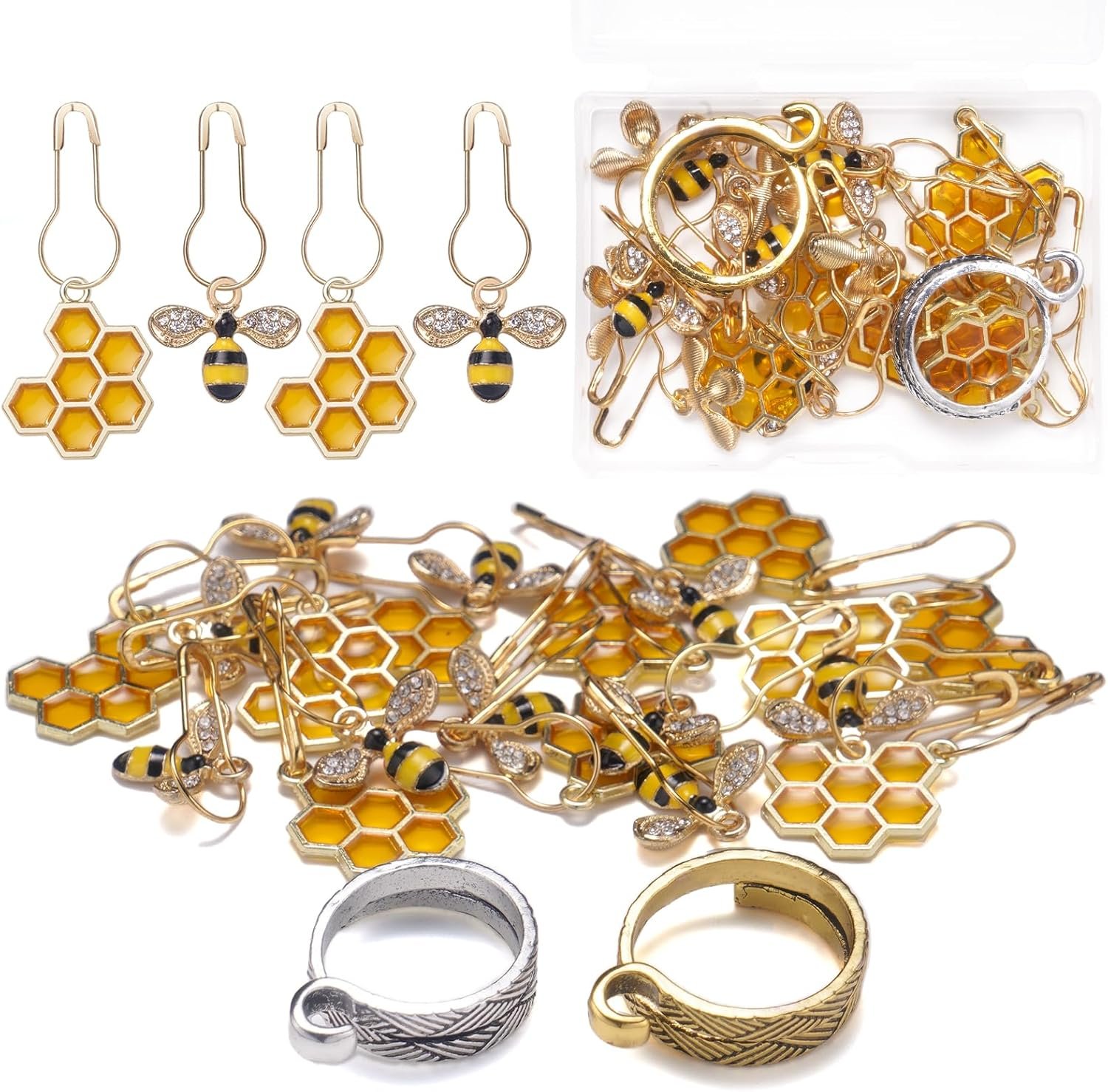 20 Pcs Cute Bee Honeycomb Stitch Marker, 2 Pcs Adjustable Knit Crochet Loop Ring for Crocheting and Knitting, Alloy Crochet Stitch Marker Accessories