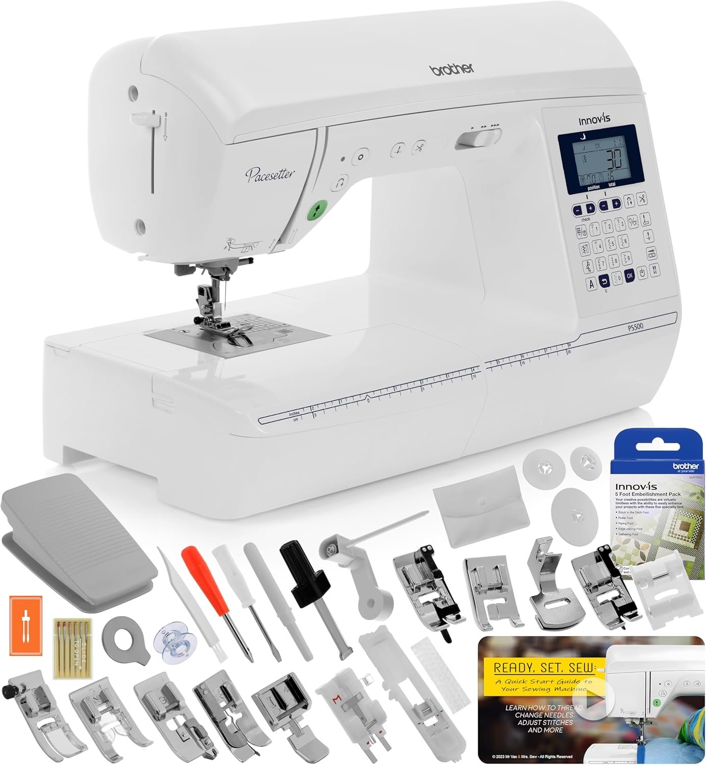 Brother Innov-ís Pacesetter PS500 Computerized Sewing Machine Bundle – Includes Brother 5 Sewing Foot Embellishment Pack + Mr. Vac & Mrs. Sew – Ready, Set, Sew Video