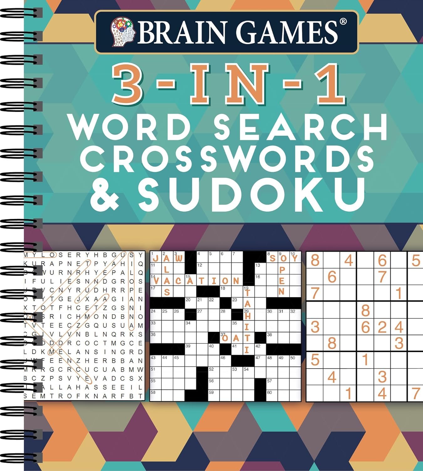Brain Games – 3-In-1 Puzzle Book: Word Search, Crosswords & Sudoku | 256 Pages, Spiral Bound | Large Variety Activity Book for Adults, Seniors, Teens