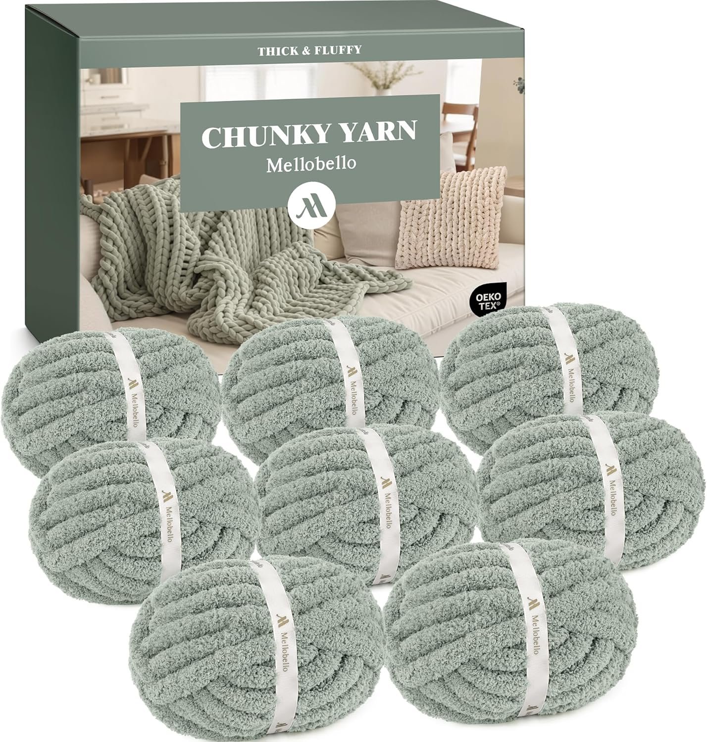 Mellobello Jumbo Chunky Yarn for Hand Knitting – Super Thick Chenille Chunky Yarn for Crocheting – Extra Soft Bulky Fluffy Blanket Big Yarn 8 Jumbo Pack (27yds,8 oz Each Skein) Sage Green