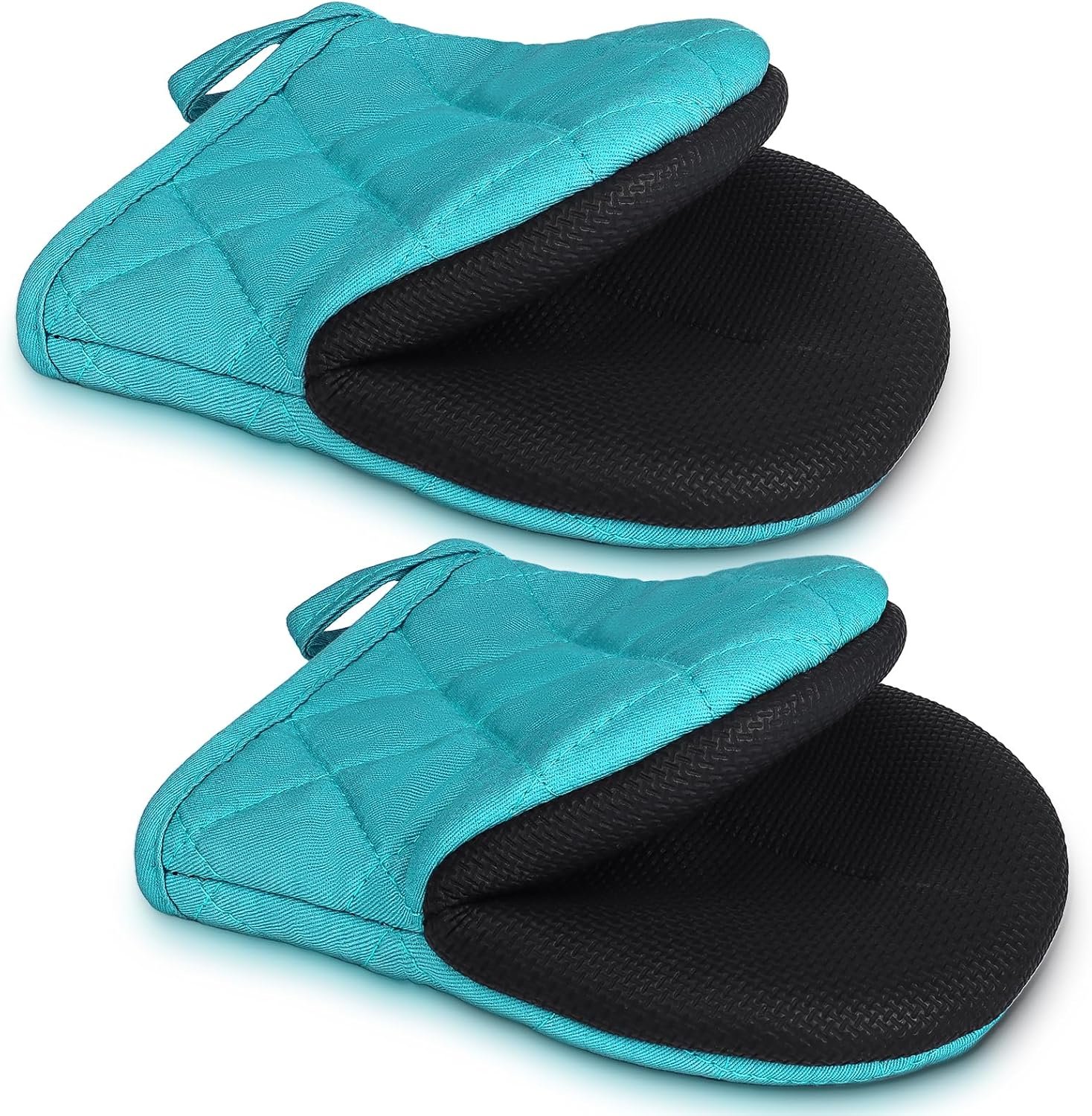 1 Pair Short Oven Mitts – Silicone Kitchen Oven Gloves High Heat Resistant 500℉, Mini Oven Mits with Non-Slip Grip Surfaces and Hanging Loop for BBQ, Baking, Cooking and Grilling (Coral Blue)