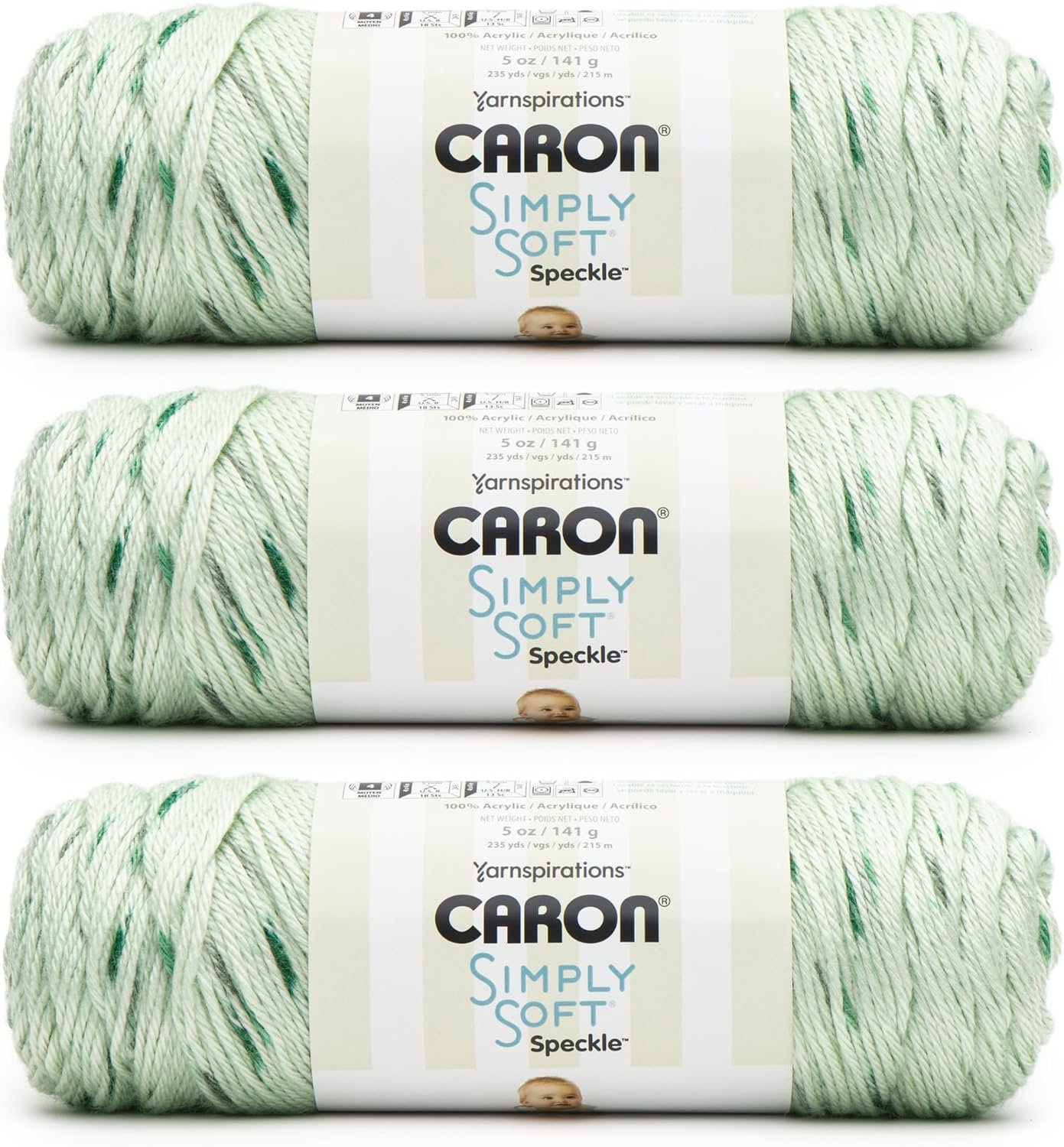 Caron Simply Soft Speckle White Sage Yarn – 3 Pack of 5oz/141g – Acrylic – #4 Worsted (Medium) – 235 Yards – Knitting & Crochet