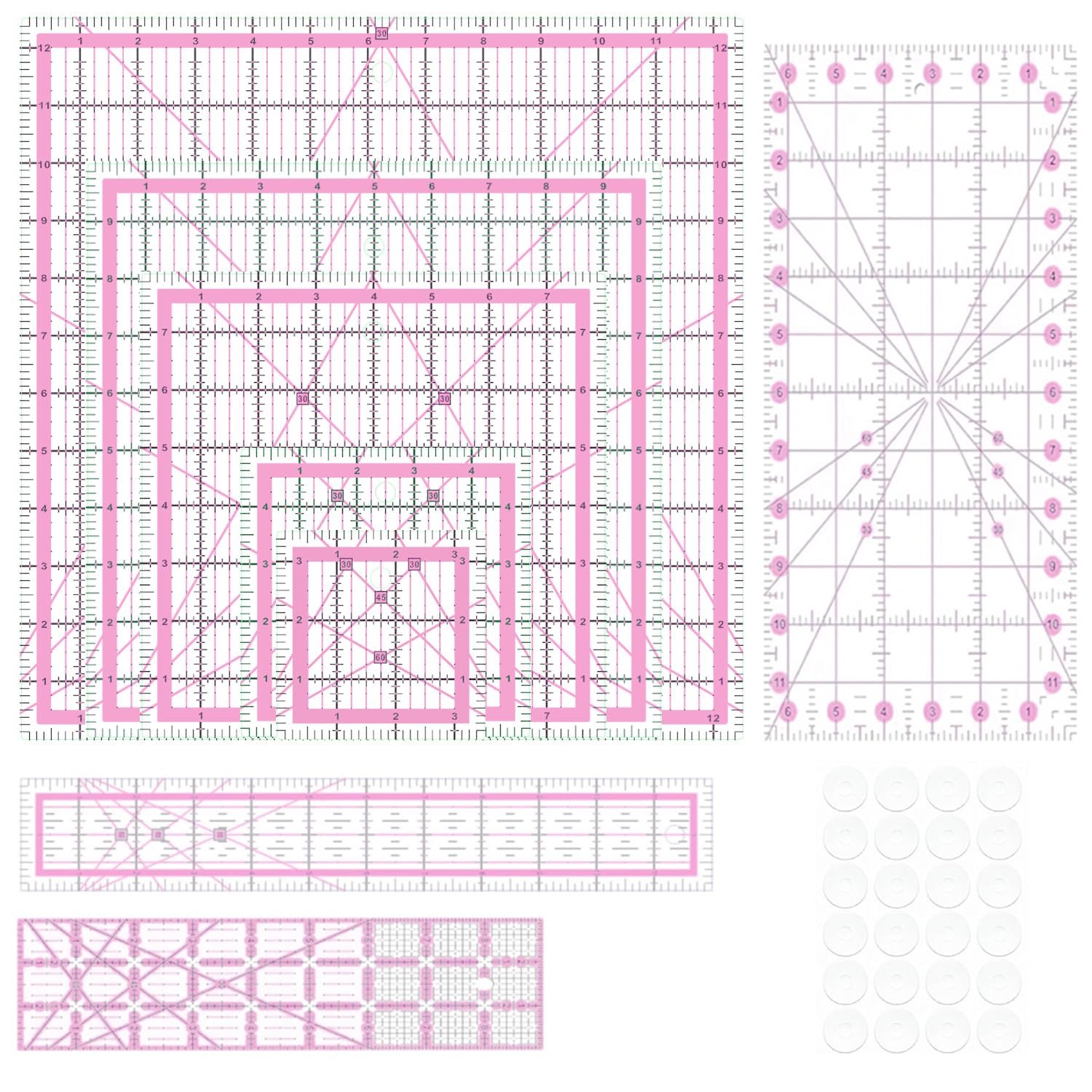 Quilting Rulers,8 Quilting Rulers(3.5″x3.5″,5″x5″, 8″x8″,10″x10″,12.5″x12.5″,6.5″x12″,2″x12″,3″x9″) Acrylic Quilting Ruler(Pink)