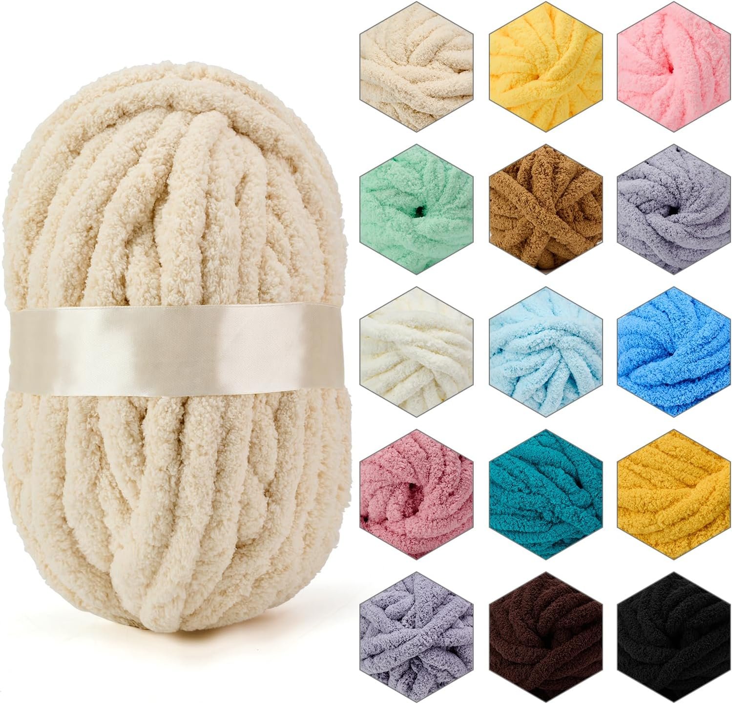 ERLYEEN Chenille Chunky Yarn Super Bulky Soft Thick Fluffy Jumbo Giant Washable Polyester Big Yarn DIY for Arm Knit Blanket Cushion Bed Sofa Home Decor,Beige,0.55LB