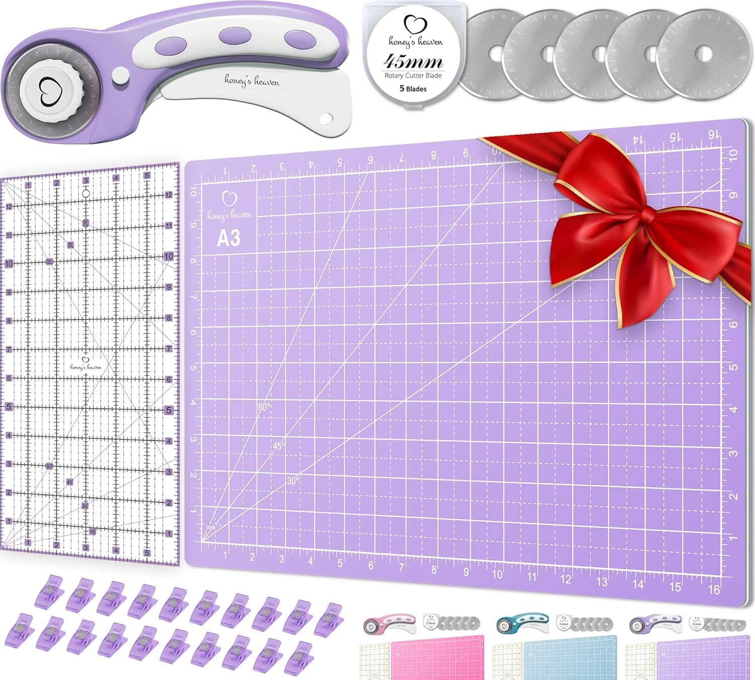 Rotary Cutter Set lavender – Quilting Kit incl. 45mm Fabric Cutter, 5 Replacement Blades, A3 Cutting Mat, Acrylic Ruler and Craft Clips – Ideal for Crafting, Sewing, Patchworking, Crochet & Knitting