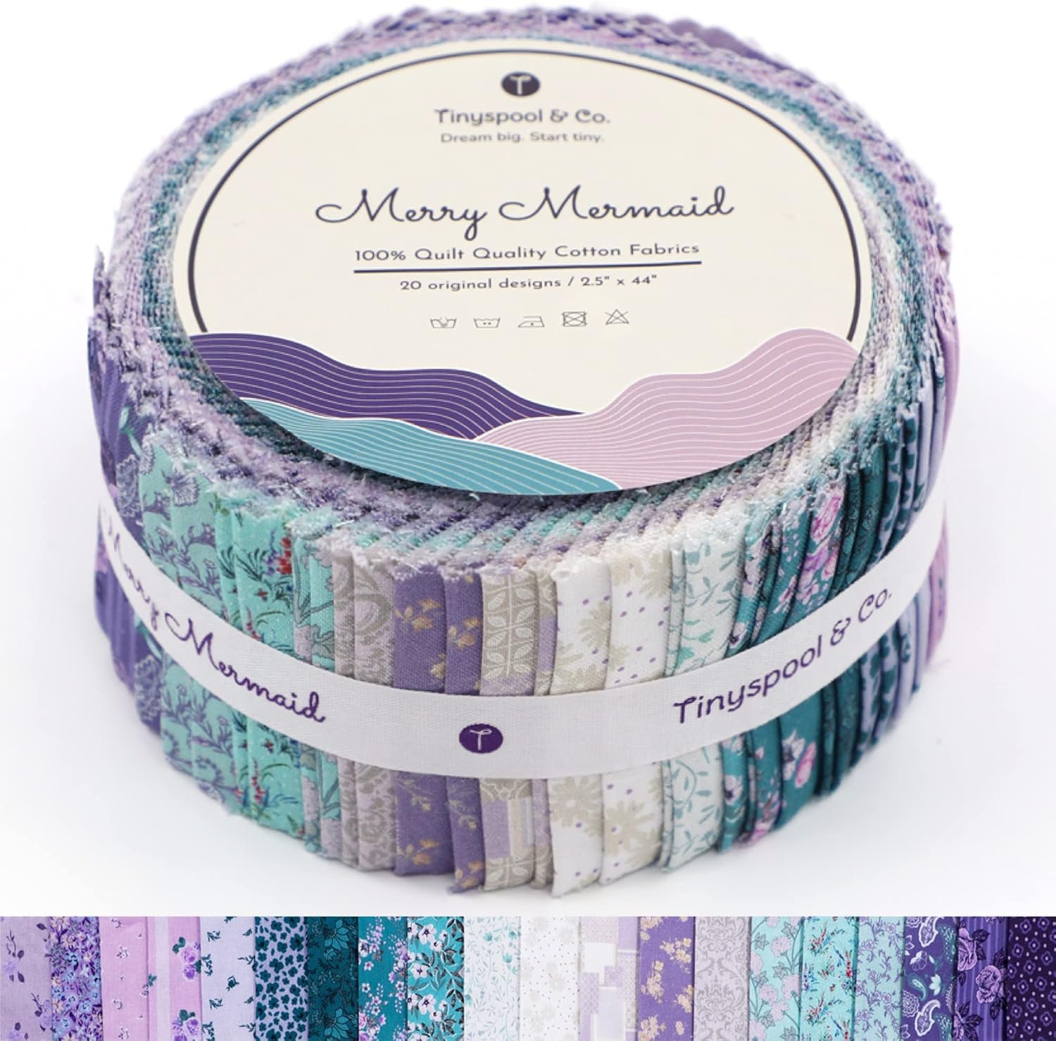 Tinyspool & Co.’s Twirlie Roll 40 Precut Quilting Fabric Strips for Quilting Supplies, Crafting, and Sewing, Soft Cotton Strip for Blanket, Rug, Upholstery, Home Decor, and Purse Making, Merry Mermaid
